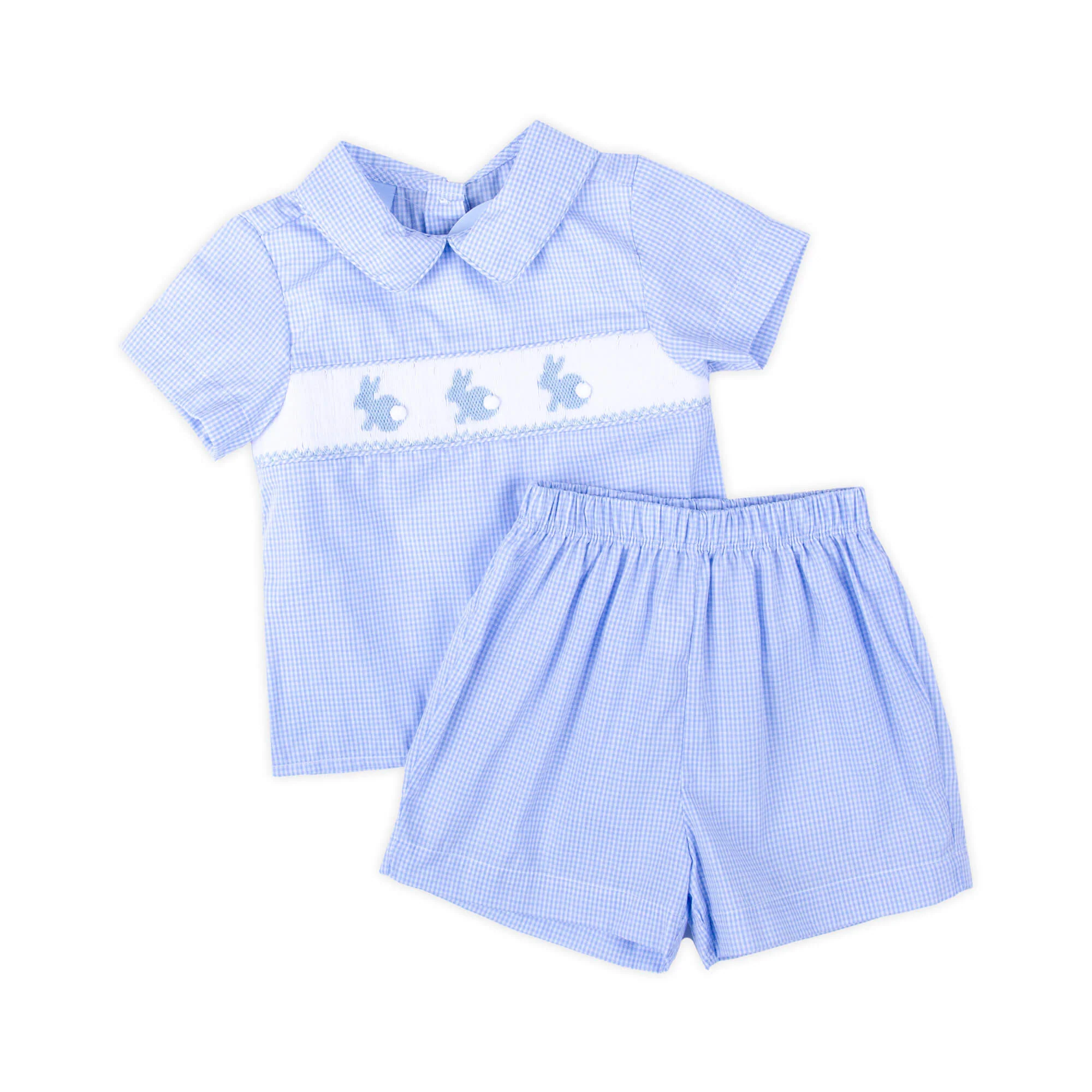 Enchanted Bunny Blue Gingham Smocked Collared Short Set - Image 2