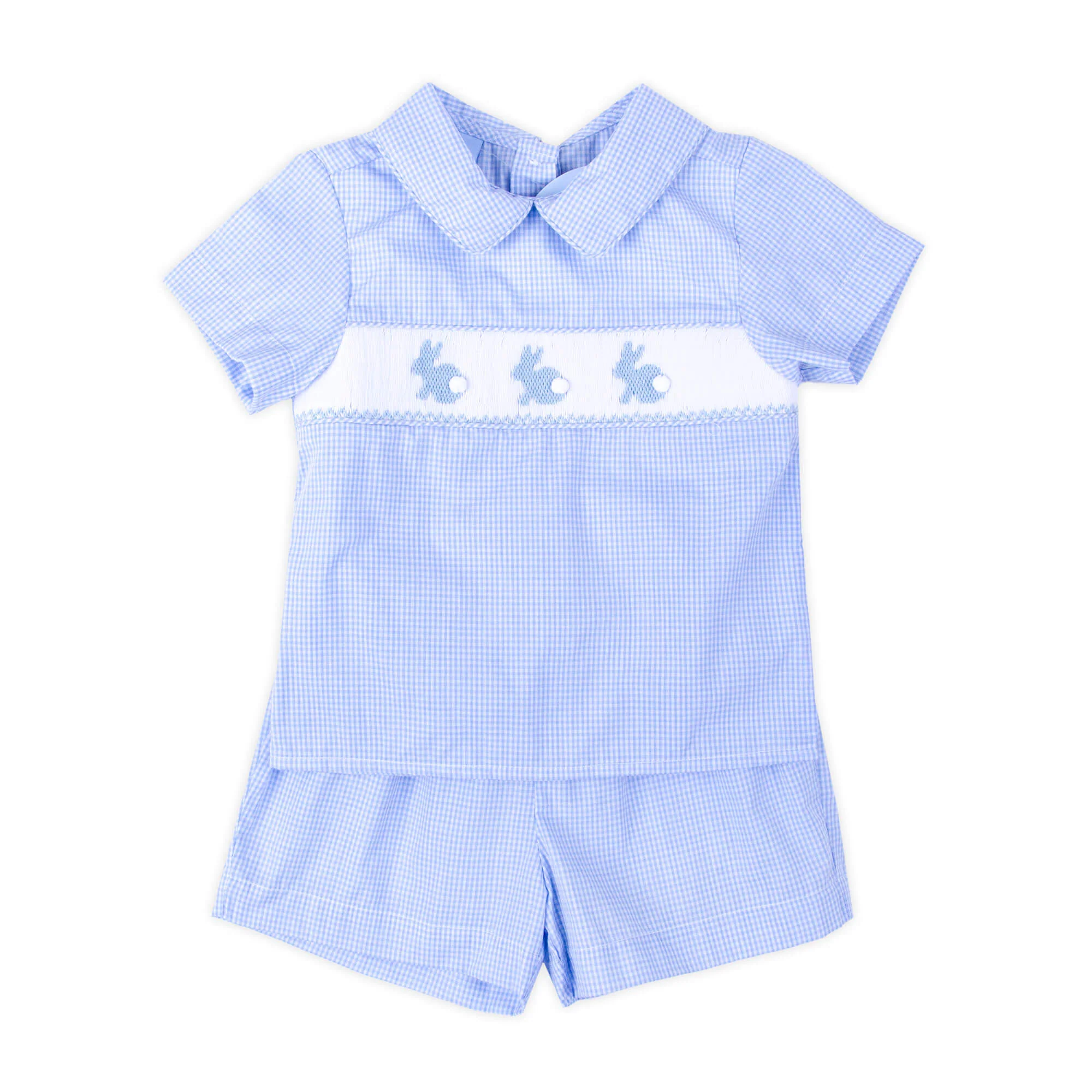 Enchanted Bunny Blue Gingham Smocked Collared Short Set - Image 3