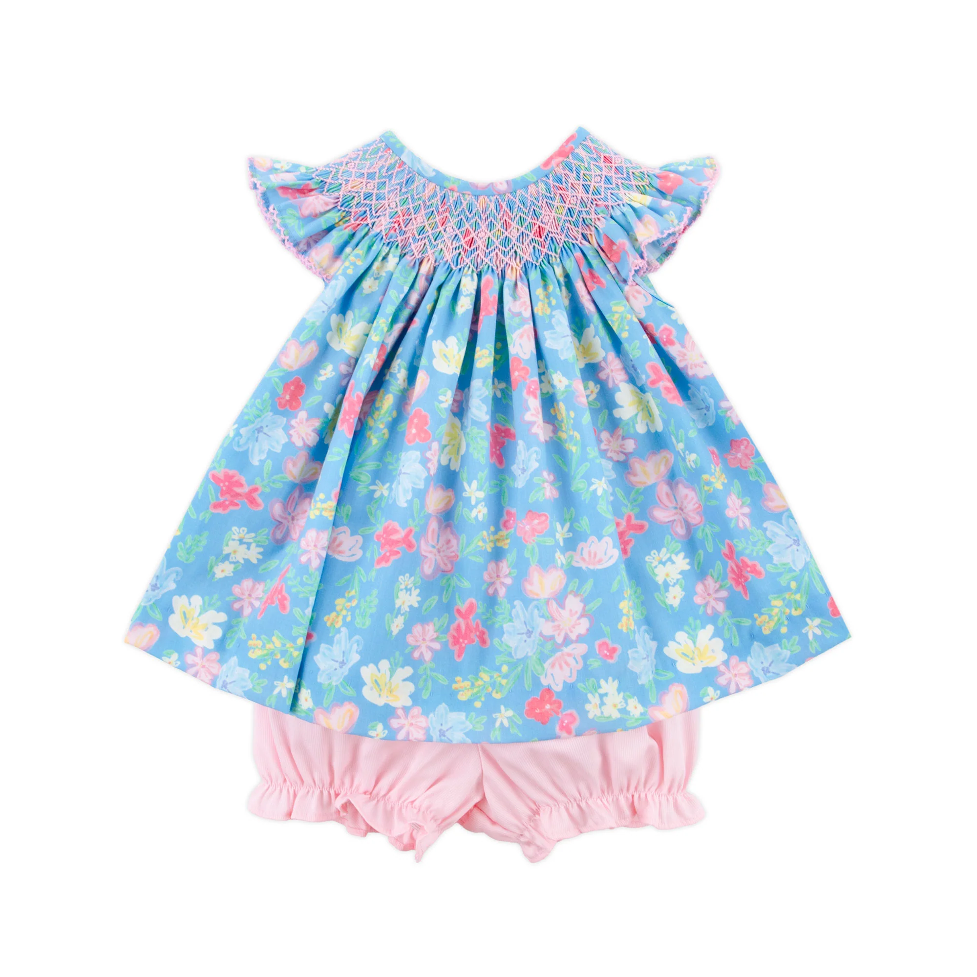 Evergrace Floral Blue Smocked Angel Sleeve Bloomer Set - Image 2