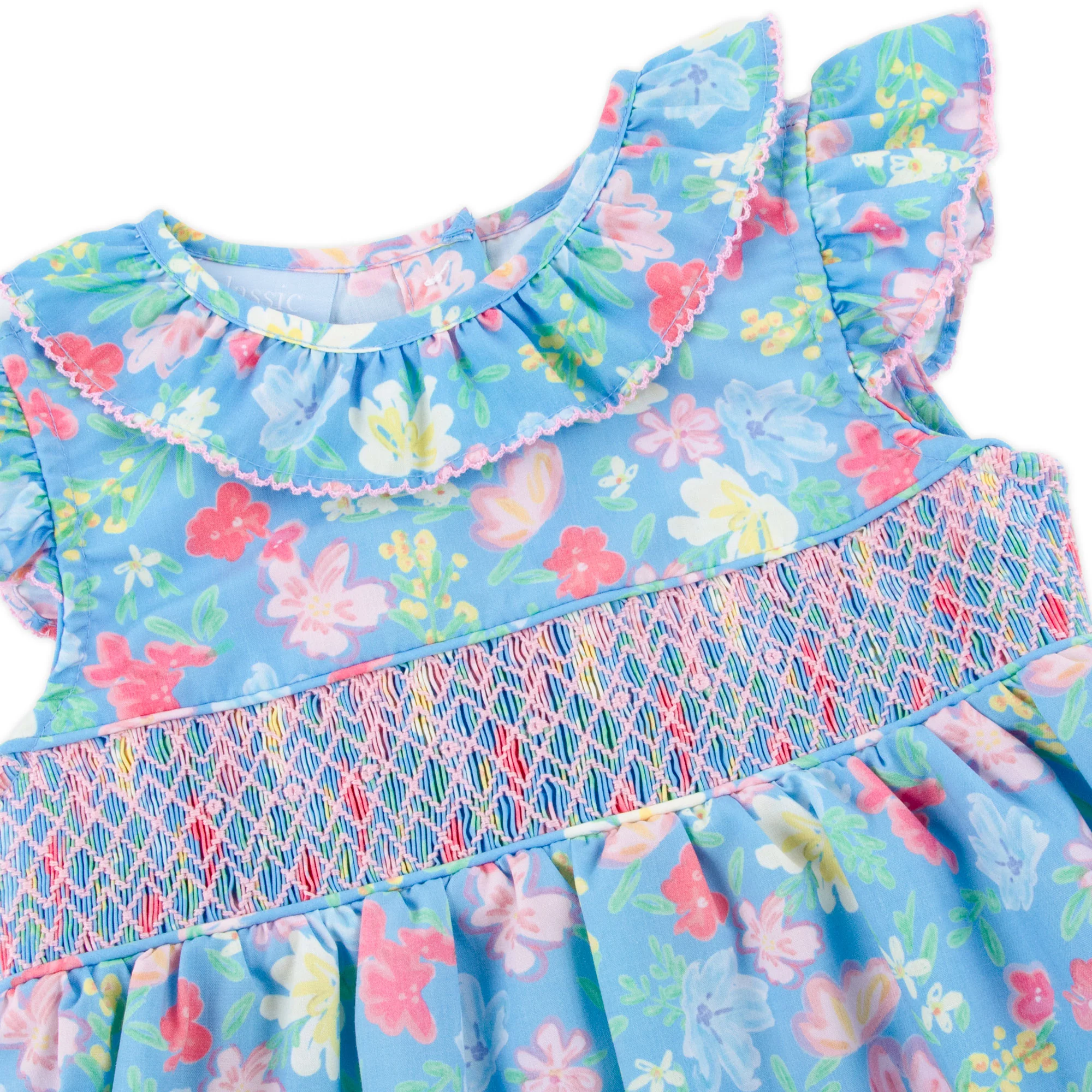 Evergrace Floral Blue Smocked Ruffle Collared Bubble - Image 2