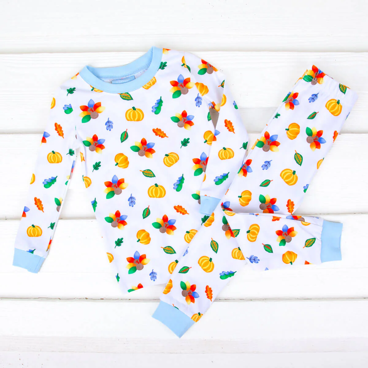 Fall Turkey Print Light Blue Pajamas - Image 2