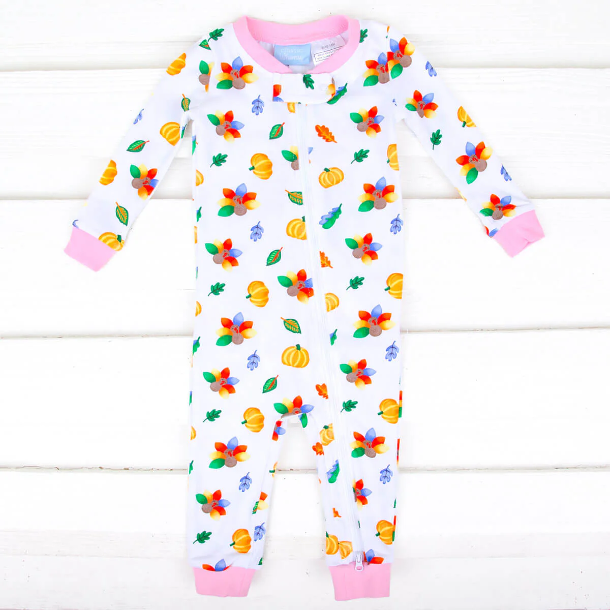 Fall Turkey Print Light Pink Zip Sleeper - Image 2