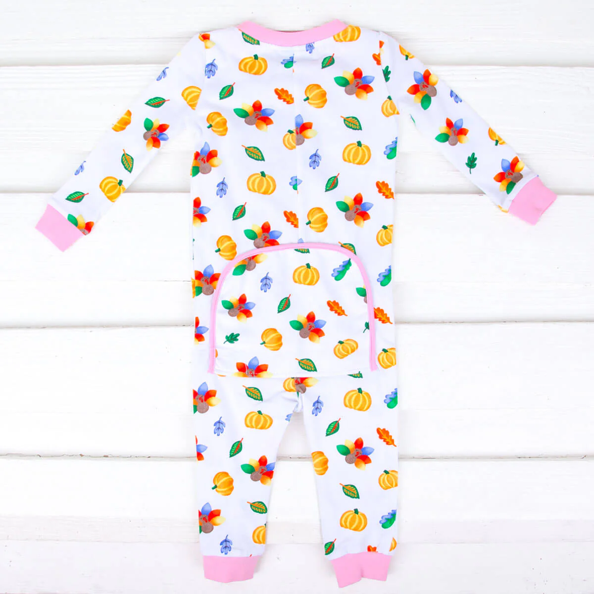 Fall Turkey Print Light Pink Zip Sleeper - Image 5