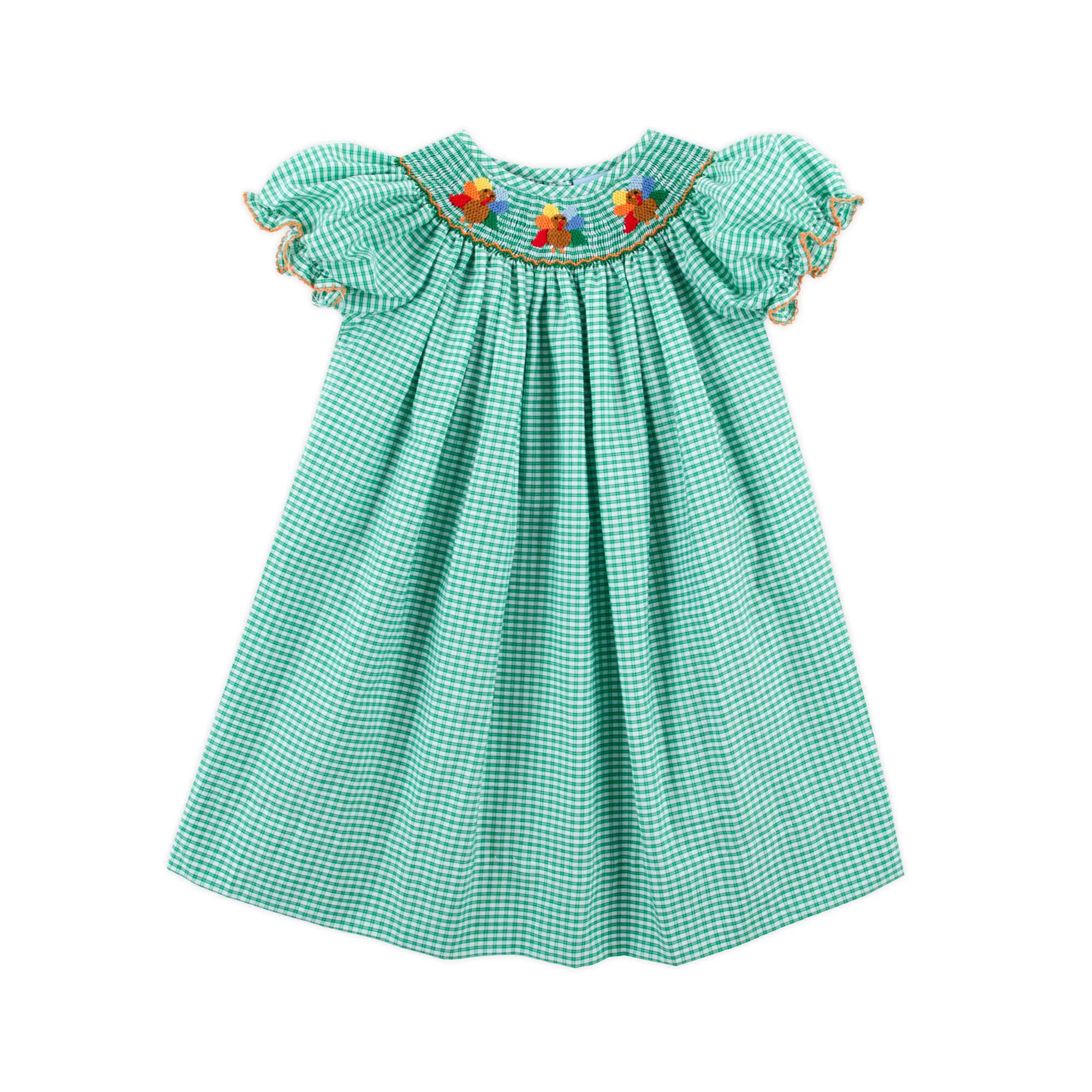 Fall Turkey Smocked Green Windowpane Bishop Dress - Image 2