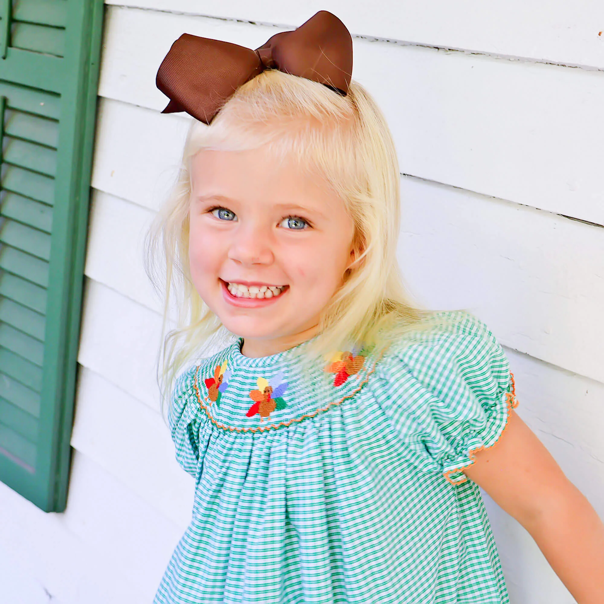 Fall Turkey Smocked Green Windowpane Bishop Dress - Image 3
