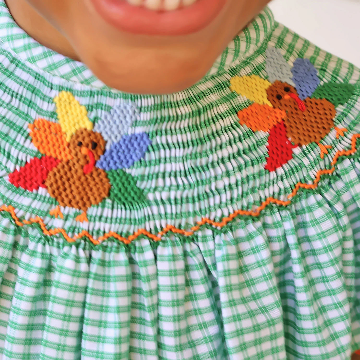 Fall Turkey Smocked Green Windowpane Long Bubble - Image 2