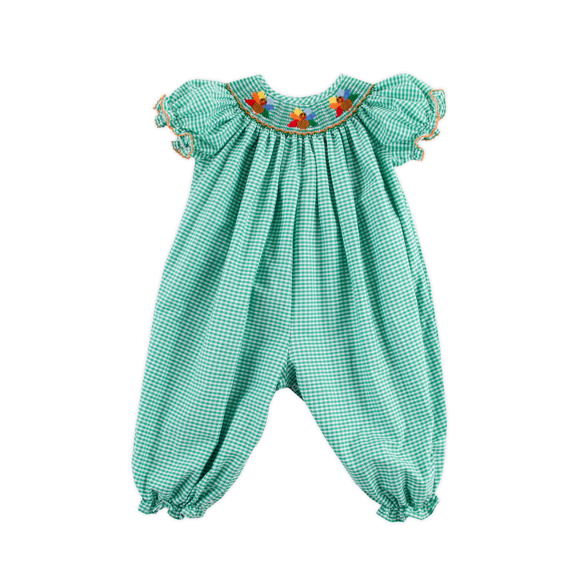 Fall Turkey Smocked Green Windowpane Long Bubble - Image 3