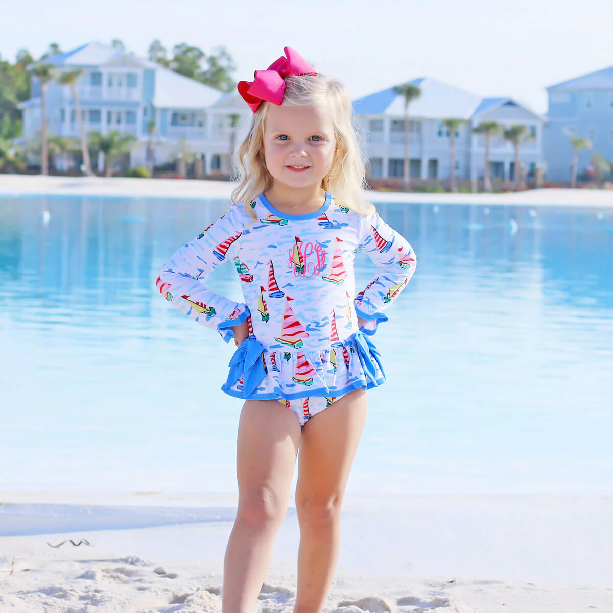 Watercolor Sailboat Rash Guard Swimsuit - Image 2