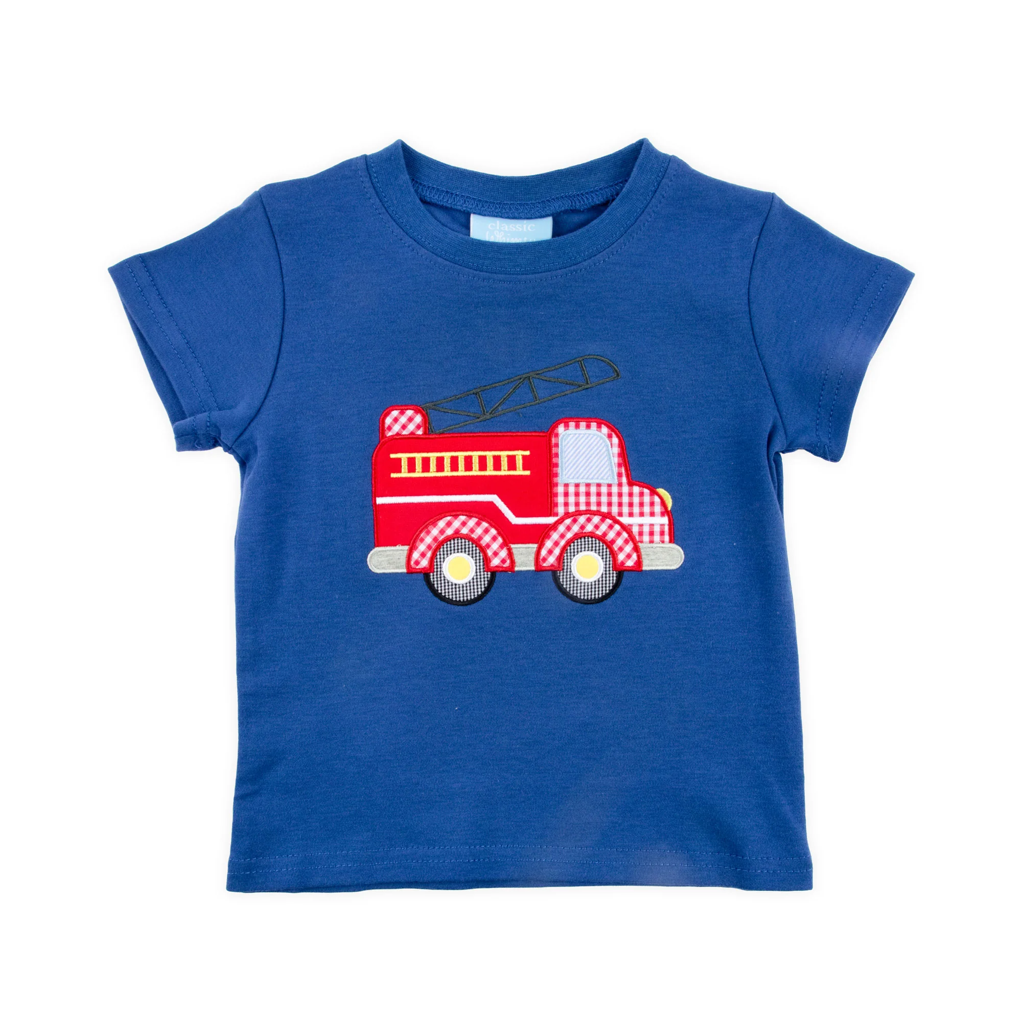 Fire Truck Applique Blue Short Sleeve Shirt - Image 2
