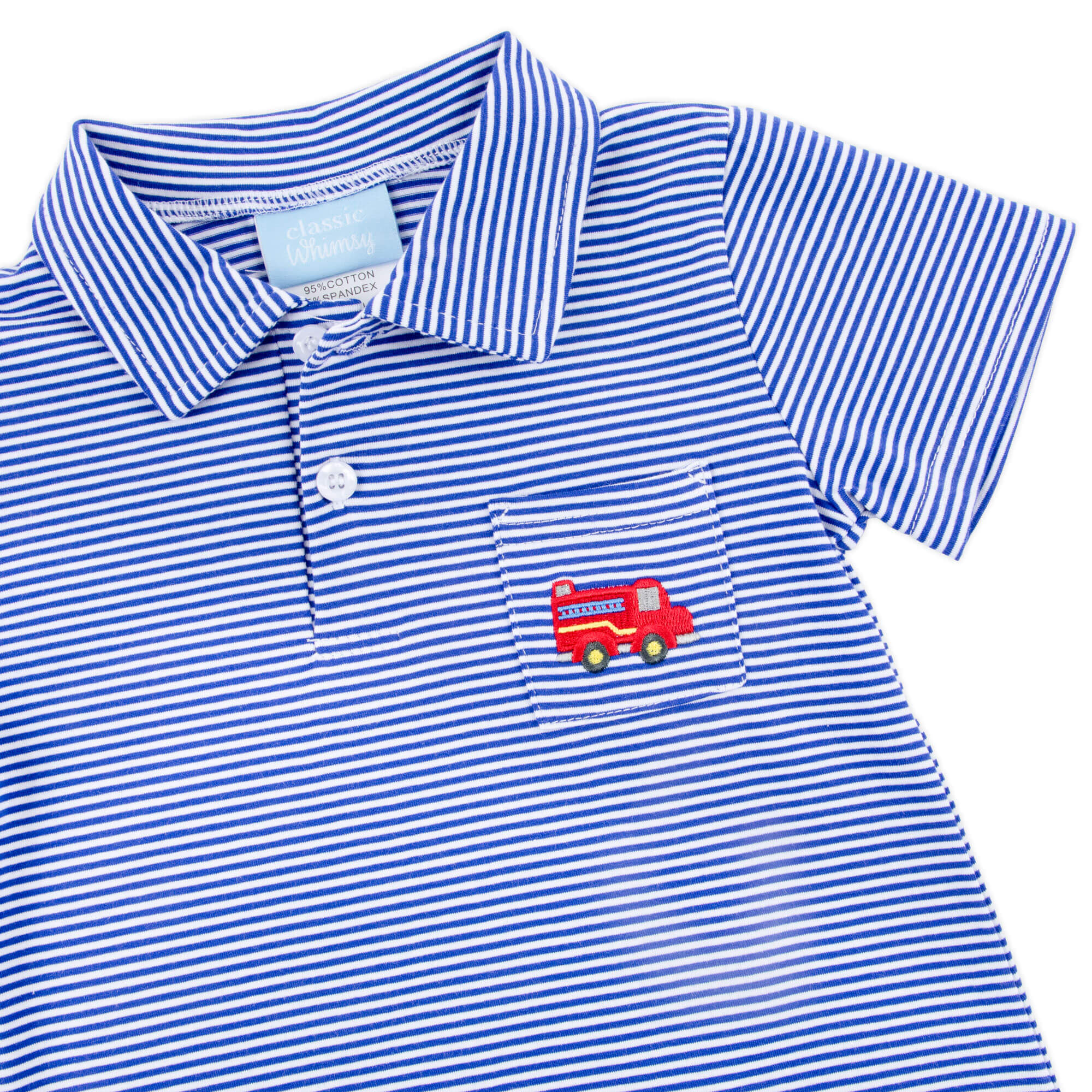 Fire Truck Royal Stripe Pocket Polo Romper - Image 2