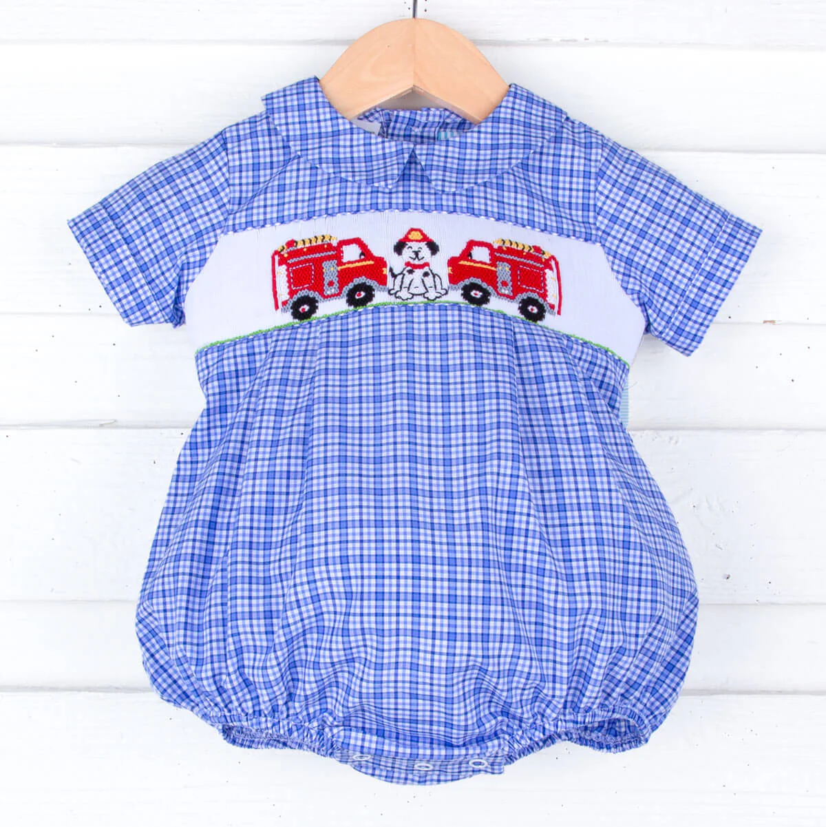 Fire Trucks Smocked Blue Plaid Collared Bubble - Image 2