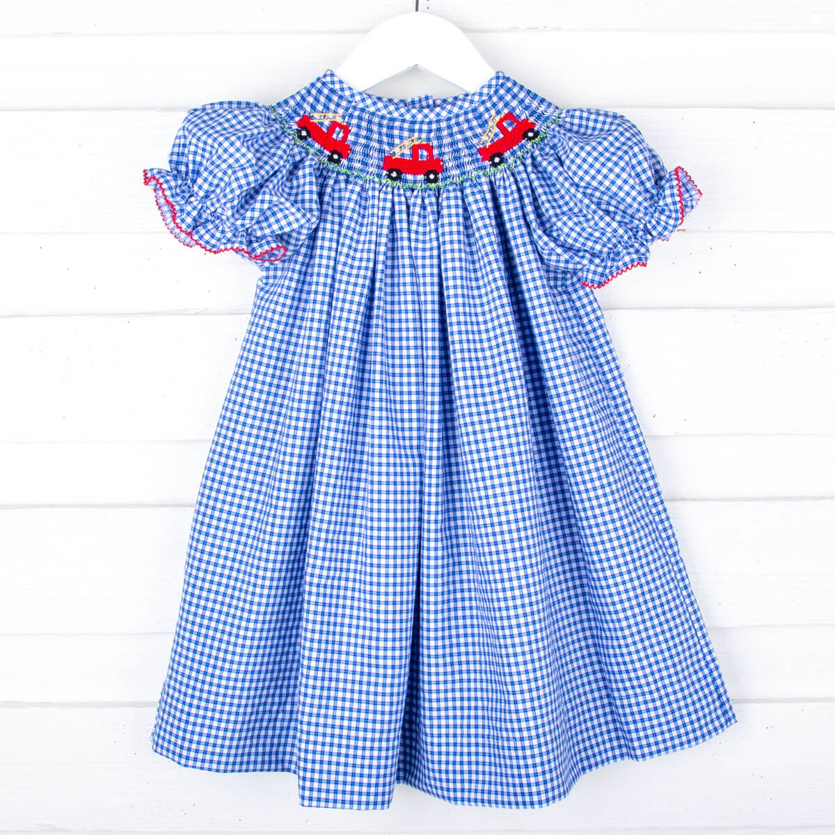 Fire Truck Blue Plaid Smocked Bishop Dress - Image 2