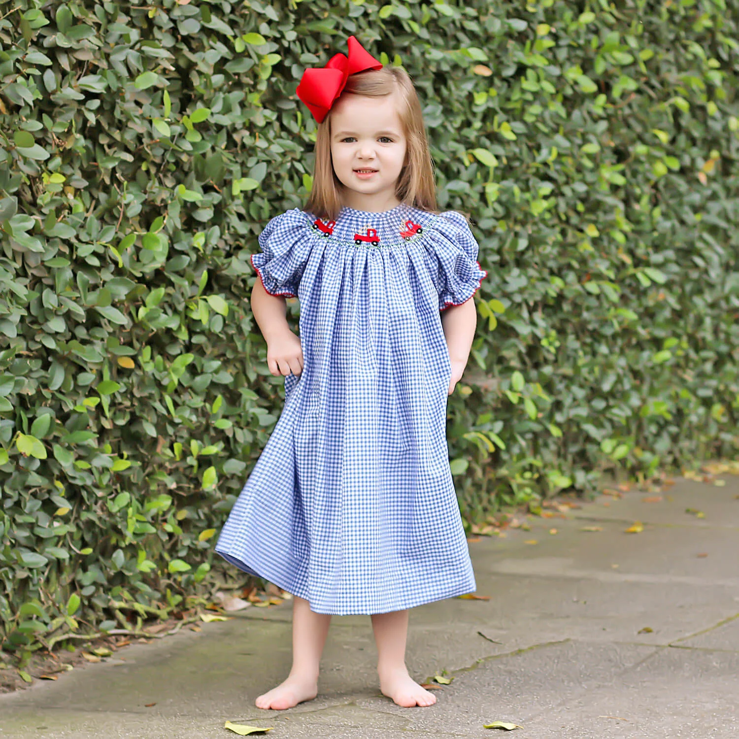 Fire Truck Blue Plaid Smocked Bishop Dress - Image 3