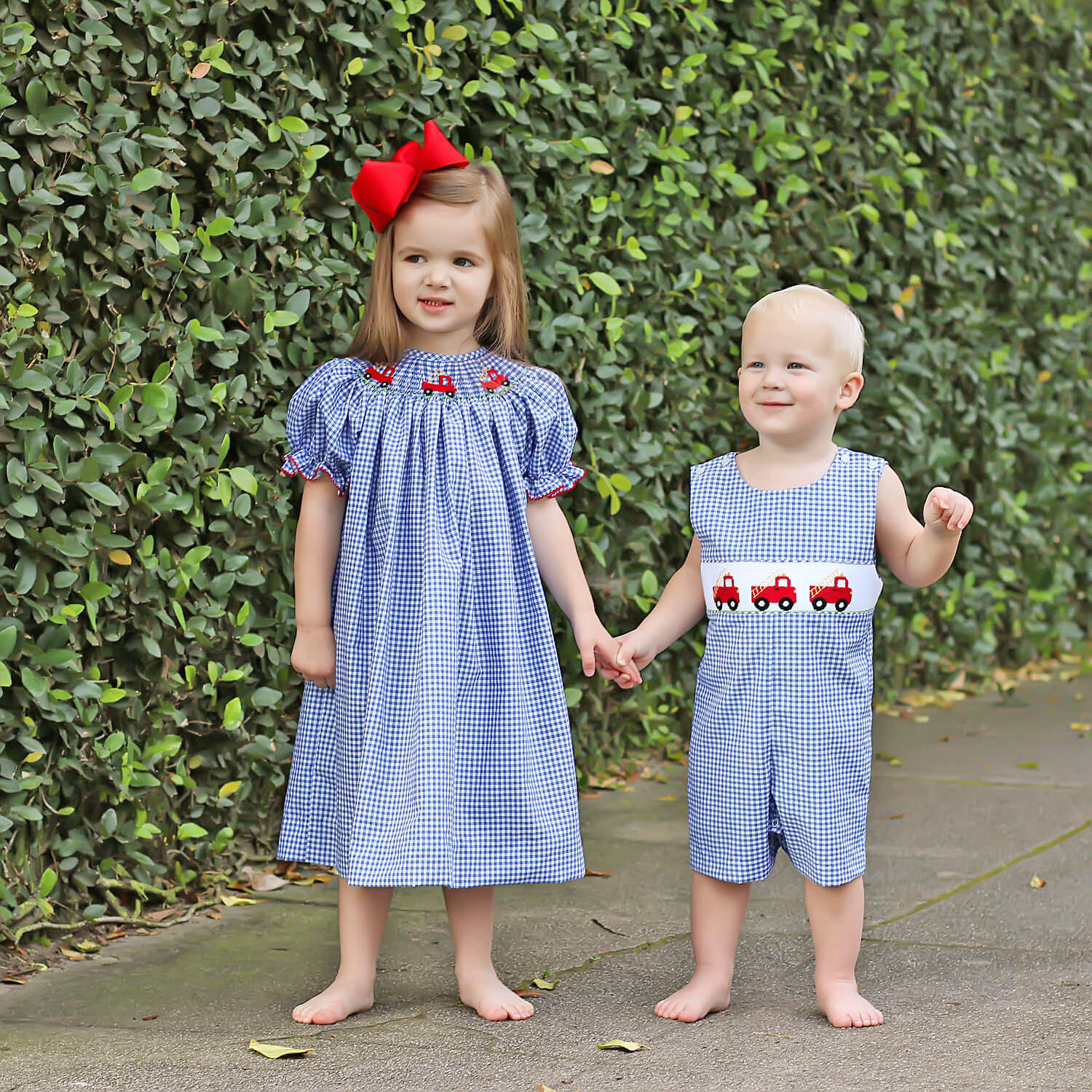Fire Truck Blue Plaid Smocked Bishop Dress - Image 4