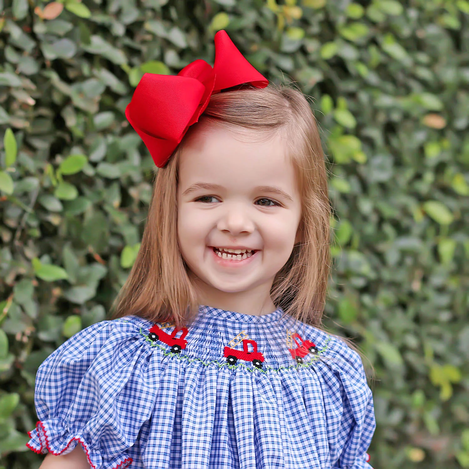 Fire Truck Blue Plaid Smocked Bishop Dress - Image 7