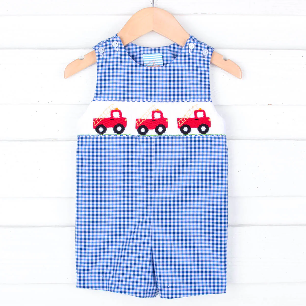 Fire Truck Blue Plaid Smocked Jon Jon - Image 2