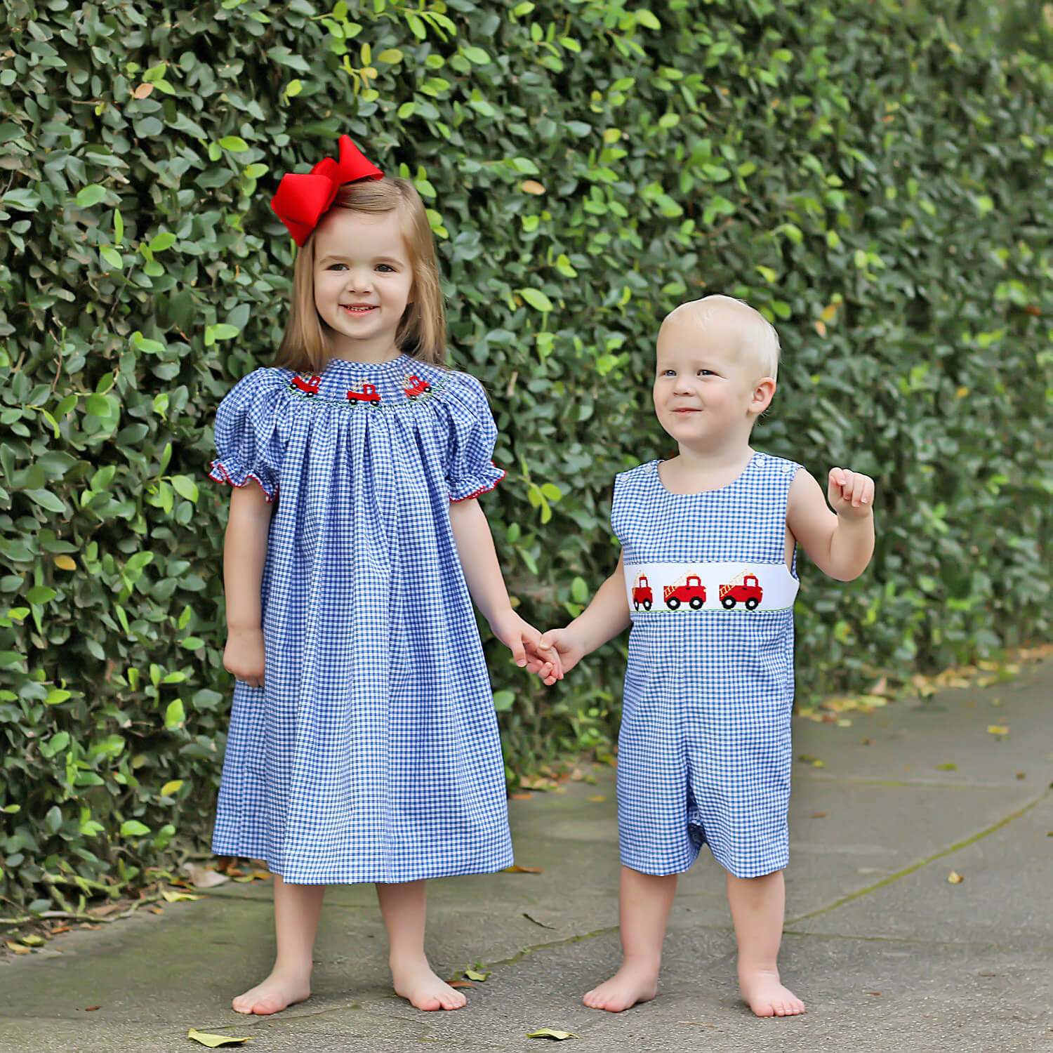 Fire Truck Blue Plaid Smocked Jon Jon - Image 3