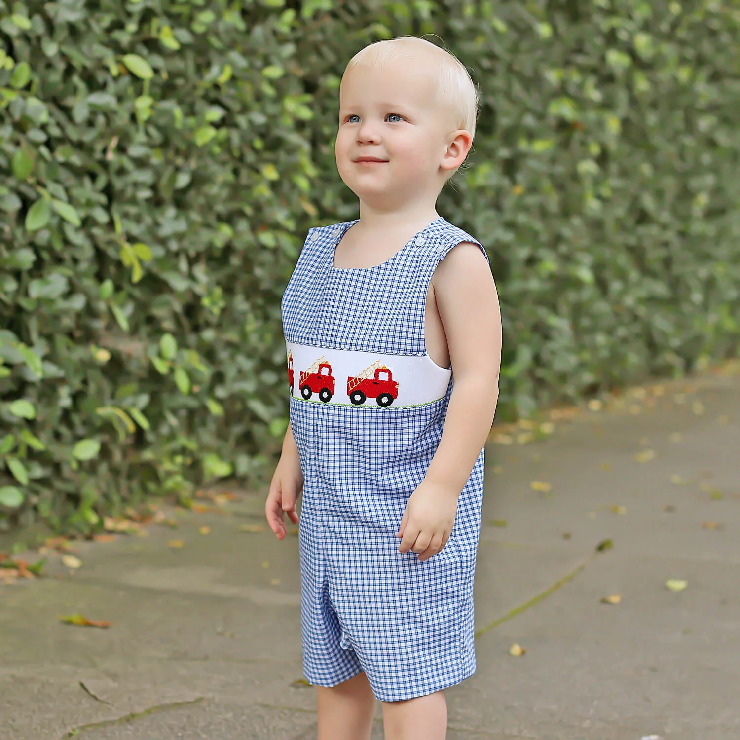 Fire Truck Blue Plaid Smocked Jon Jon - Image 4