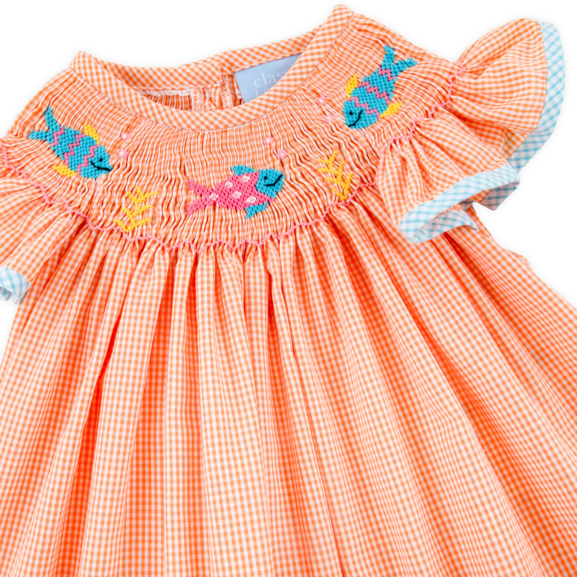 Fish Smocked Orange Micro Gingham Bloomer Set - Image 2