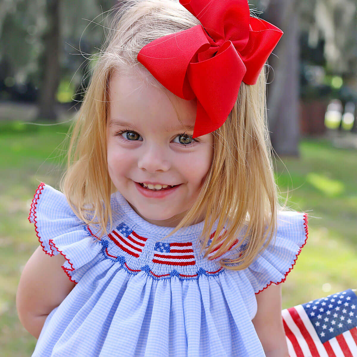 Light Blue Gingham Flag Smocked Bloomer Set - Image 2