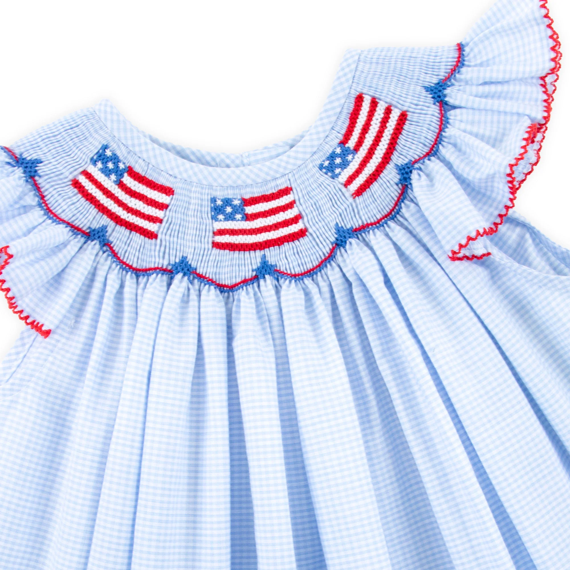 Light Blue Gingham Flag Smocked Bubble - Image 4