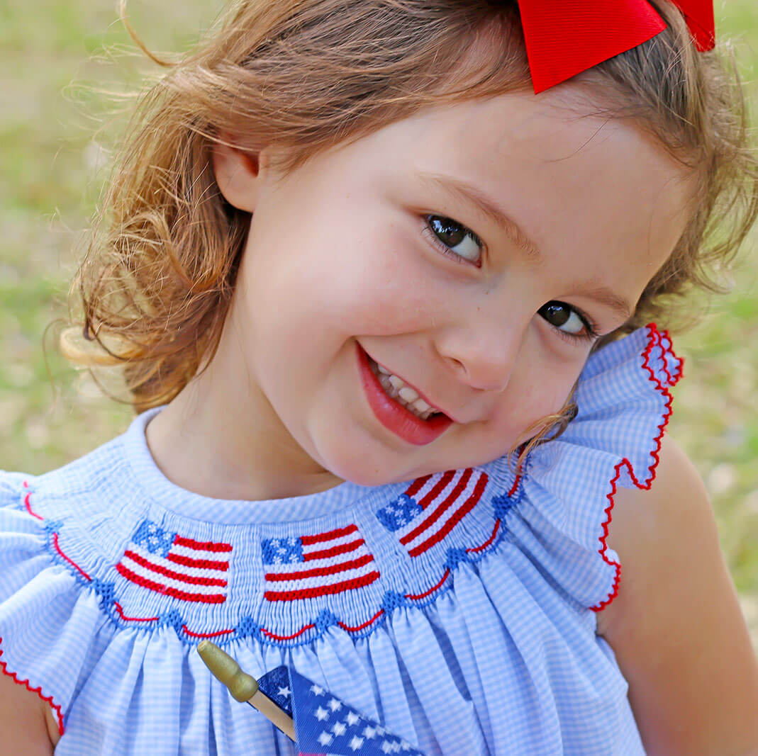 Light Blue Gingham Flag Smocked Bubble - Image 6
