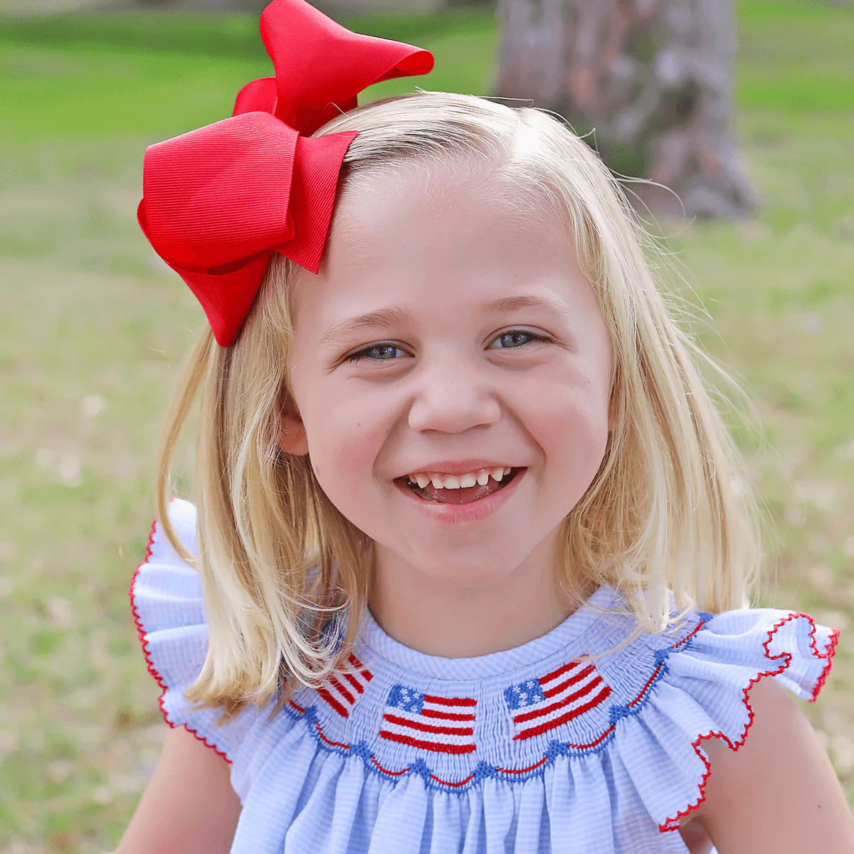 Light Blue Gingham Flag Smocked Dress - Image 3