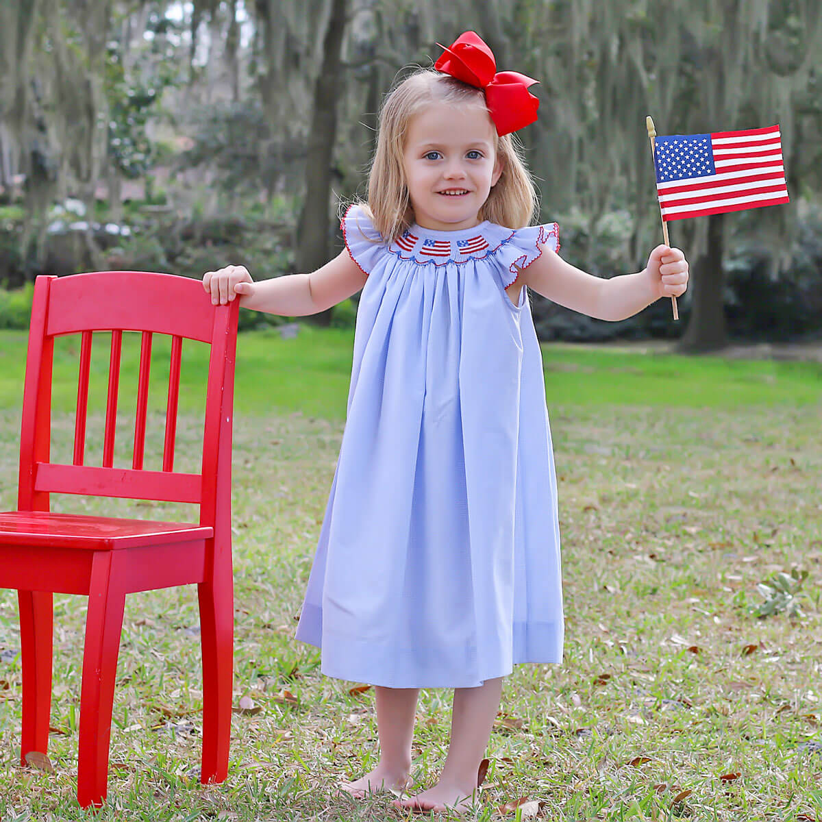 Light Blue Gingham Flag Smocked Dress - Image 5