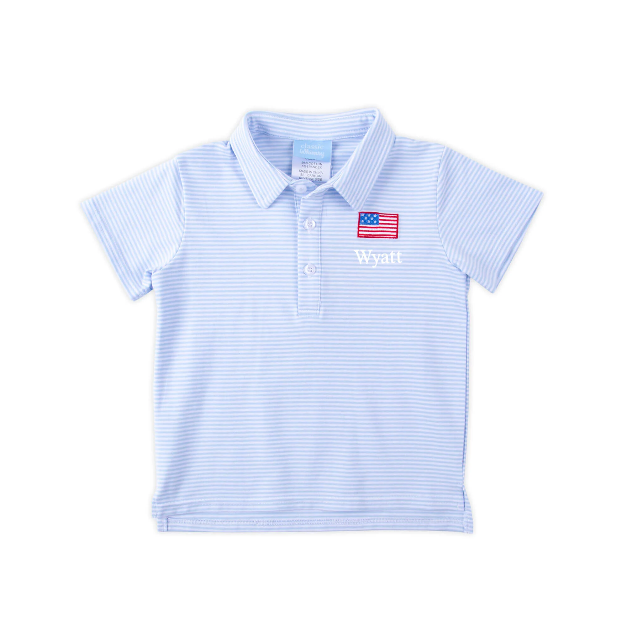 Flag Embroidered Light Blue Stripe Polo - Image 2