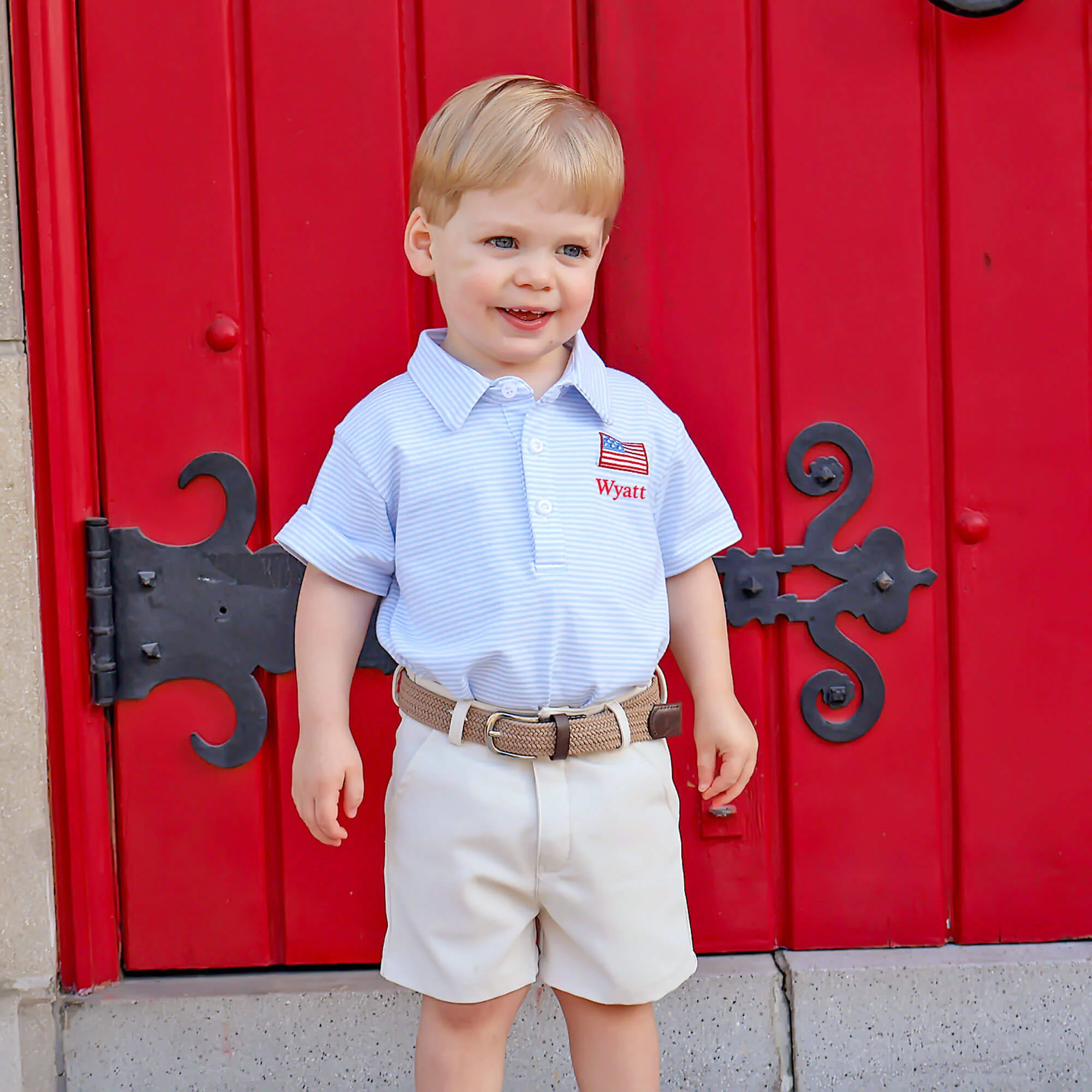 Flag Embroidered Light Blue Stripe Polo - Image 3