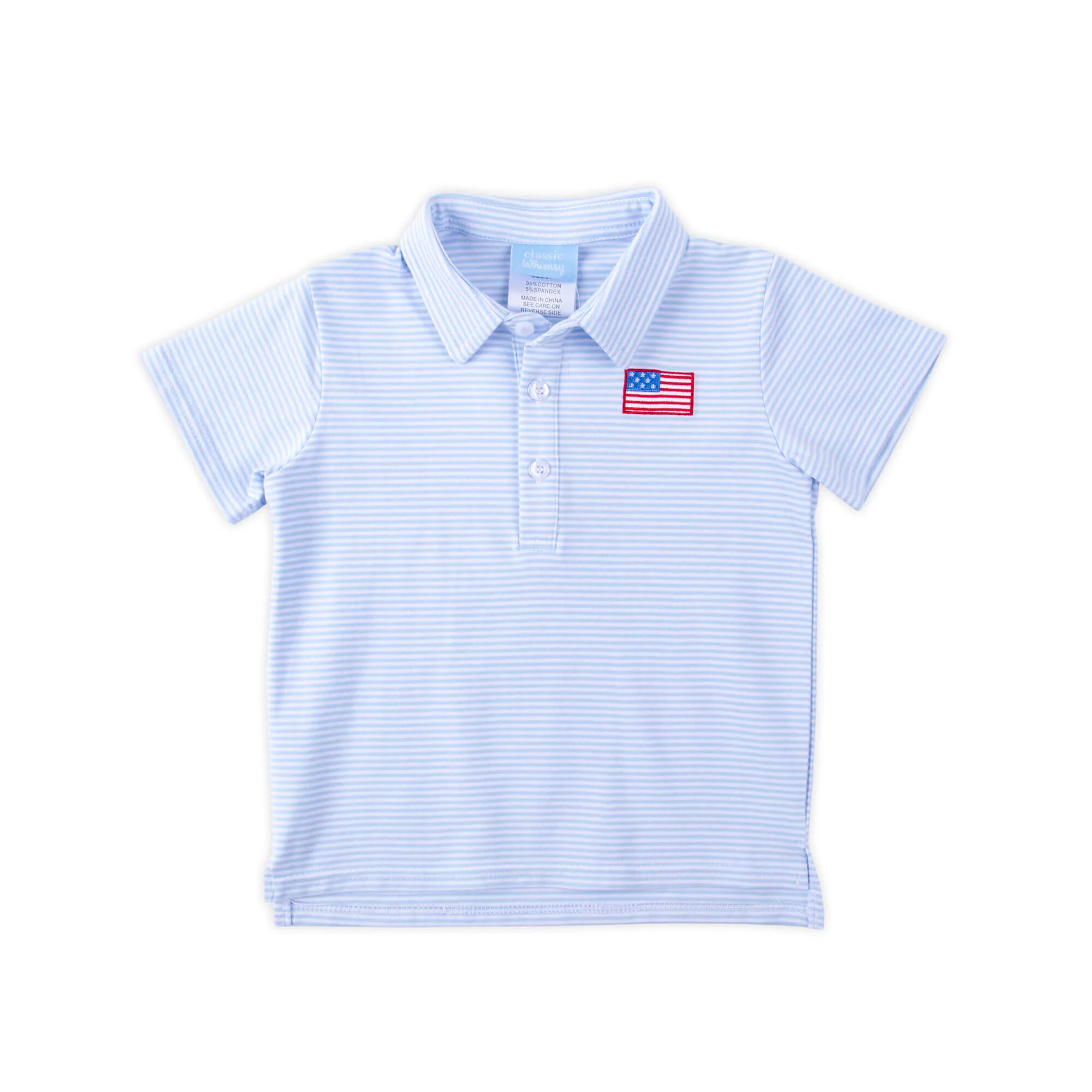 Flag Embroidered Light Blue Stripe Polo - Image 4