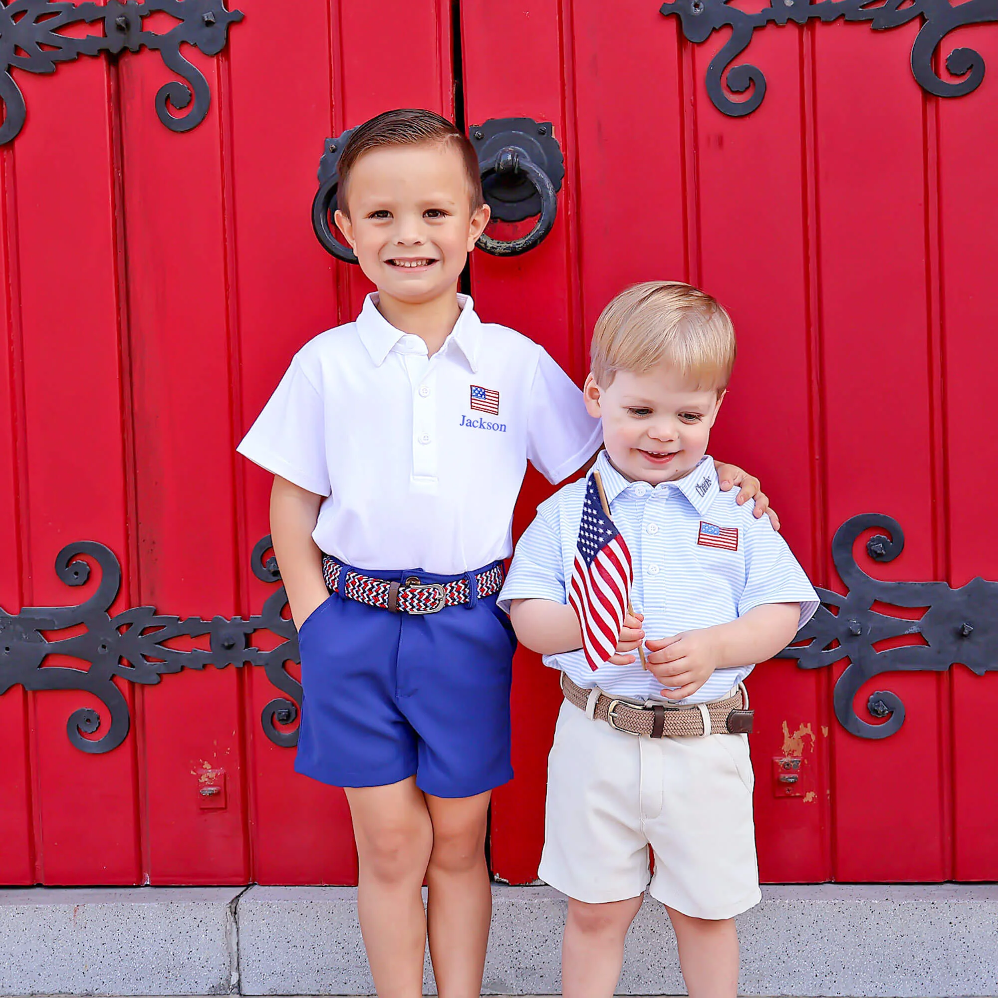 Flag Embroidered Light Blue Stripe Polo - Image 5