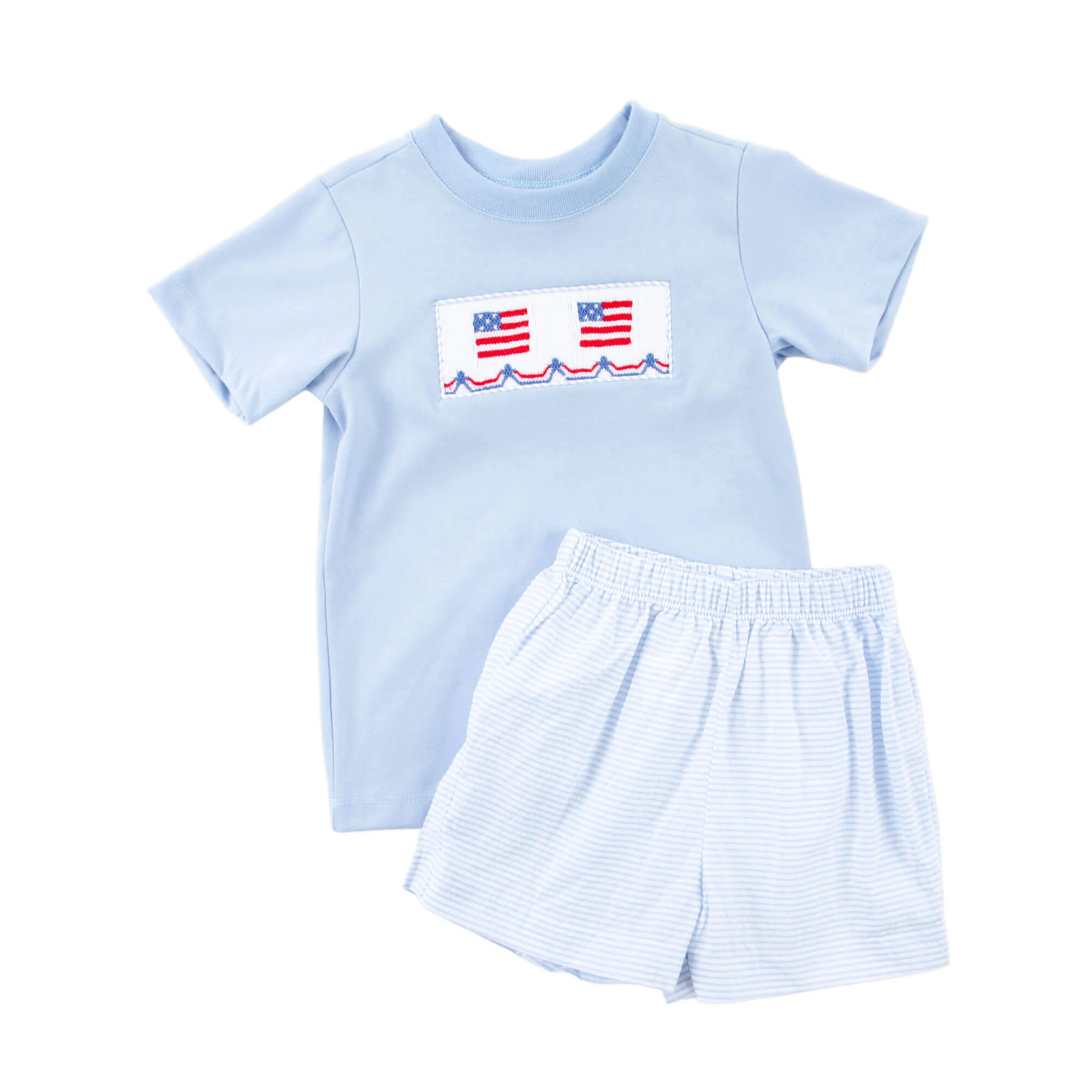 Flag Smocked Blue Stripe Seersucker Short Set - Image 2