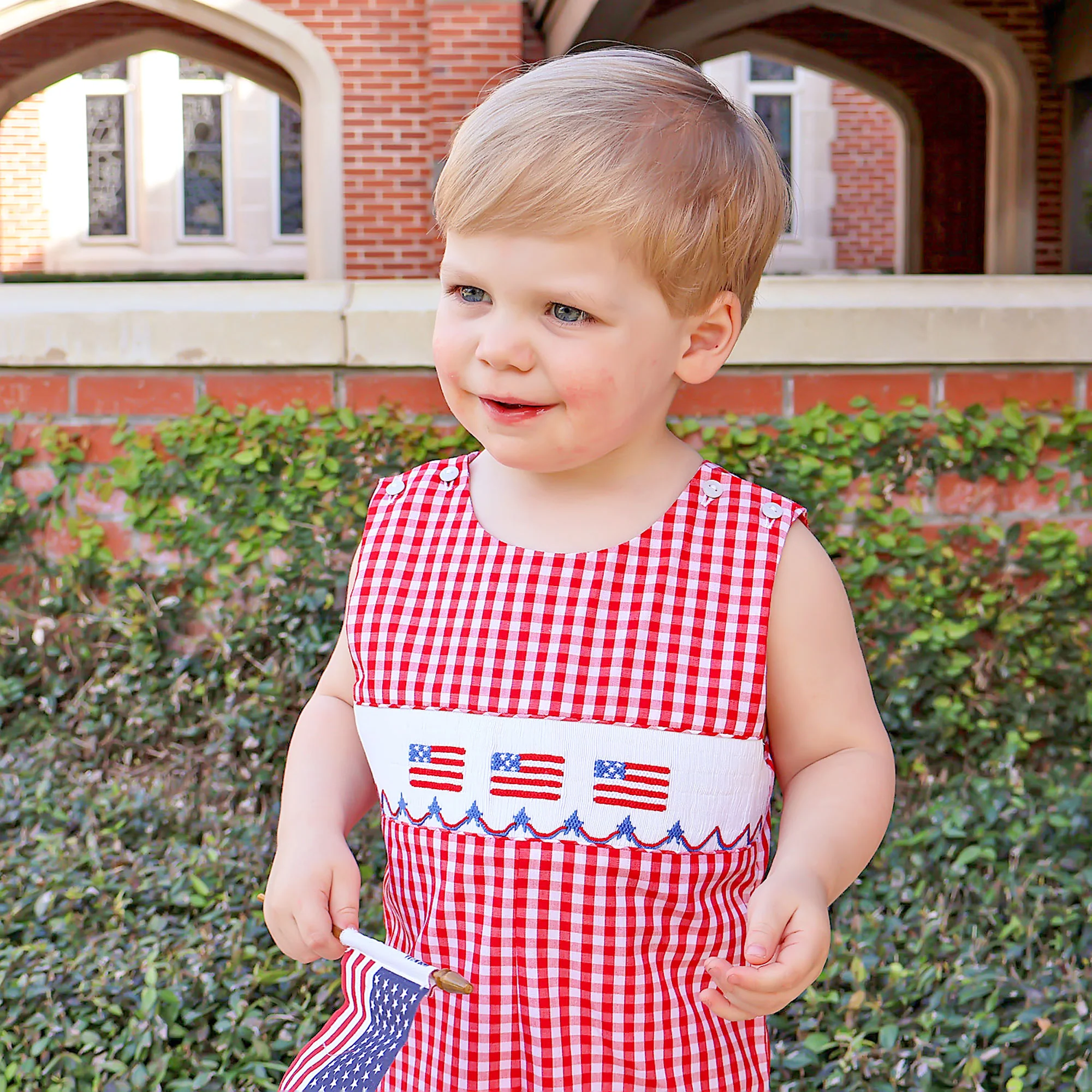 Red Check American Flag Smocked Jon Jon - Image 3