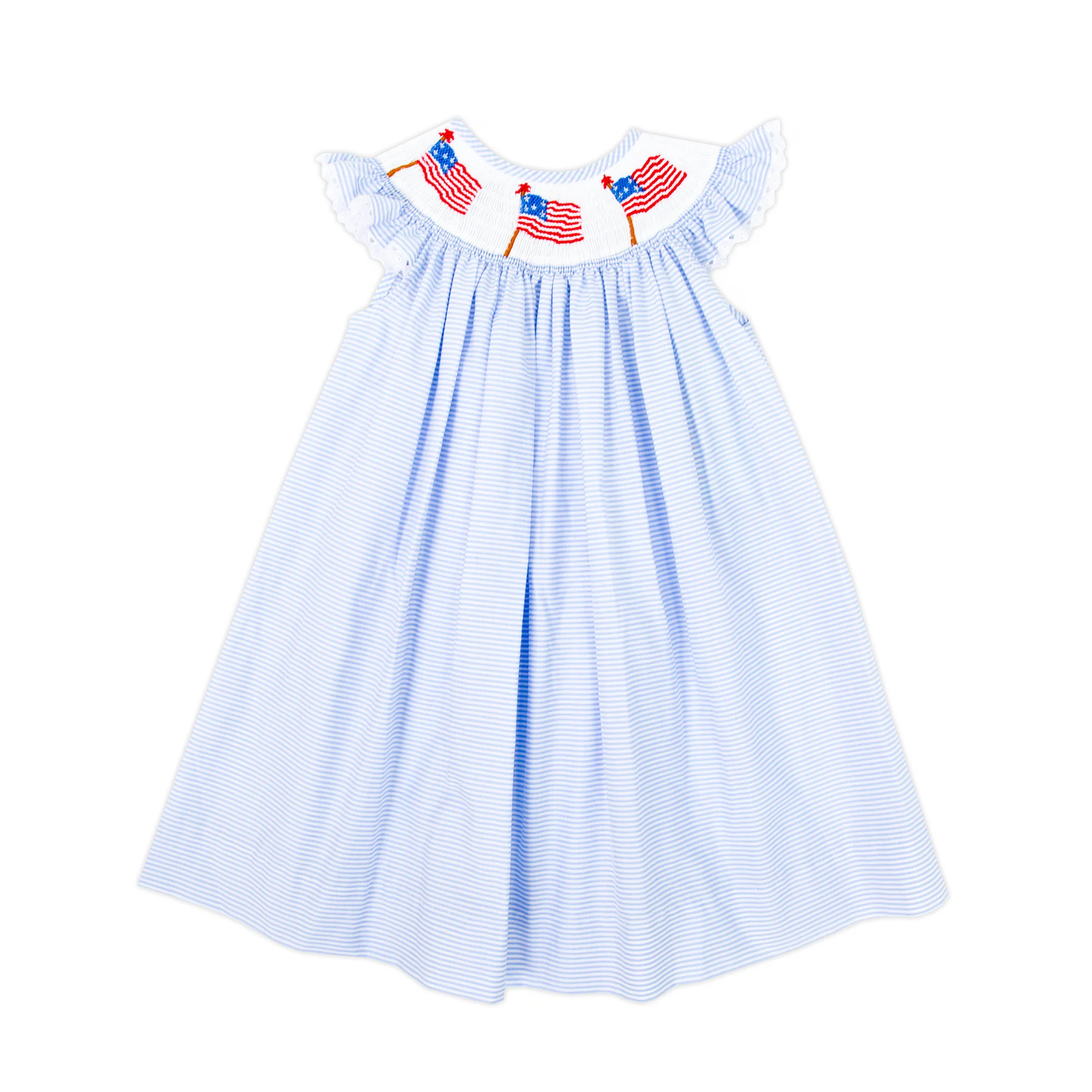 Flag Smocked Light Blue Stripe Angel Sleeve Dress
