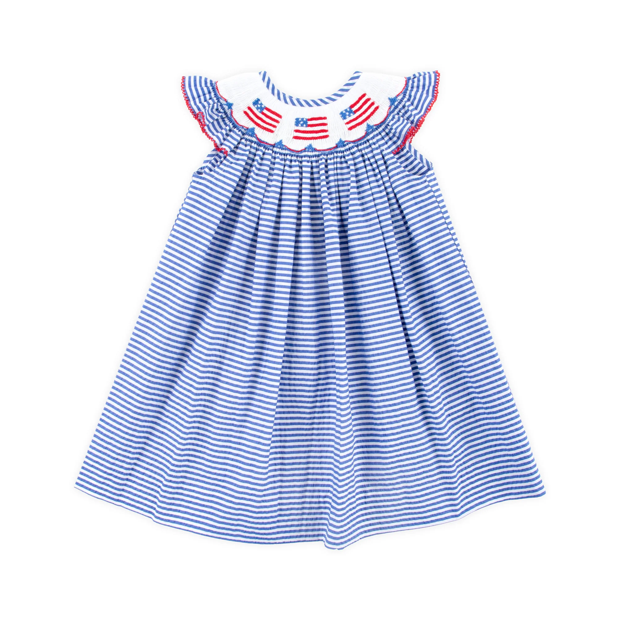 Flag Smocked Navy Stripe Seersucker Dress - Image 2