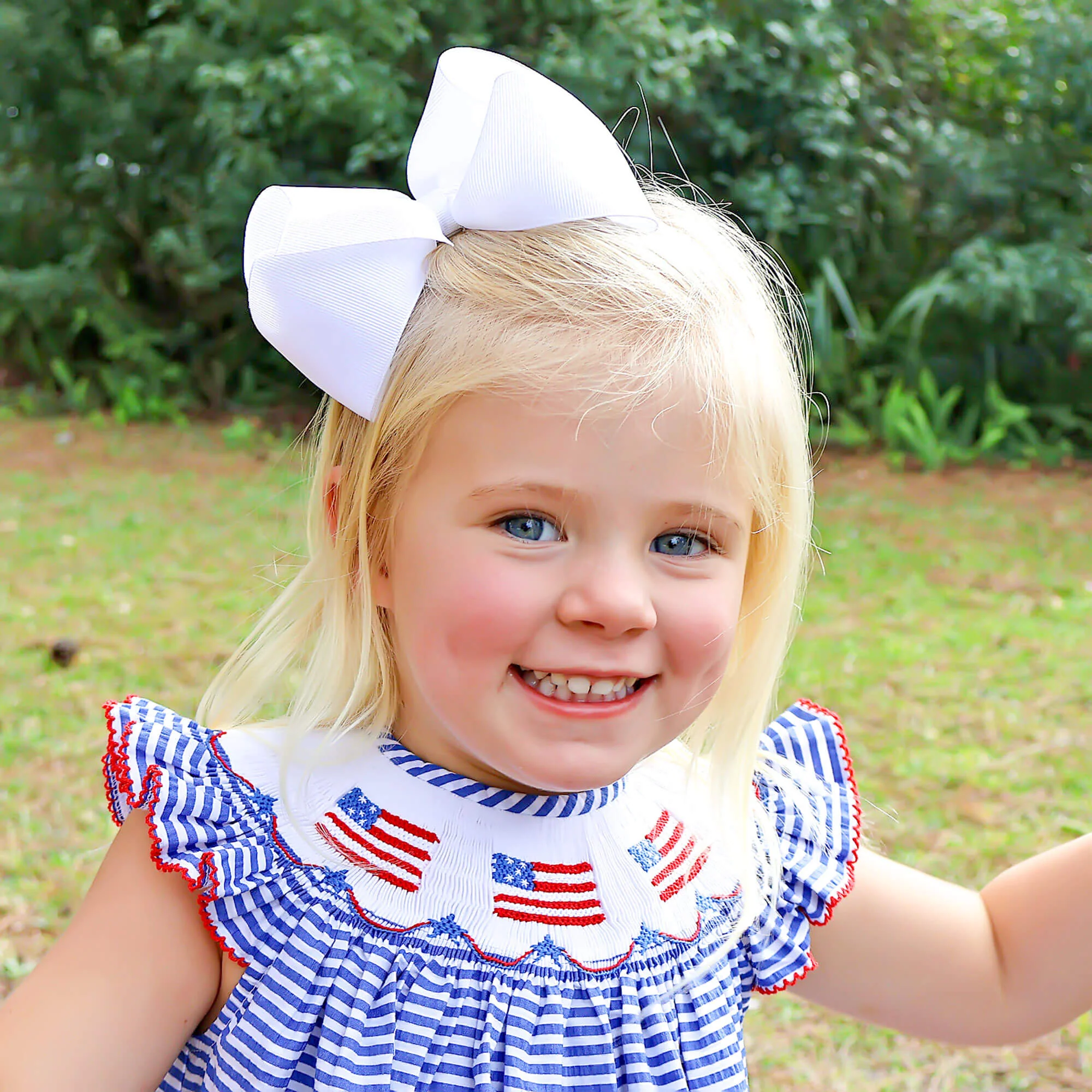 Flag Smocked Navy Stripe Seersucker Dress - Image 3