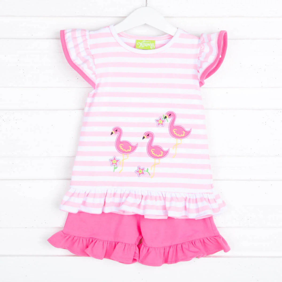 Flamingo Applique Pink Stripe Ruffle Short Set - Image 2