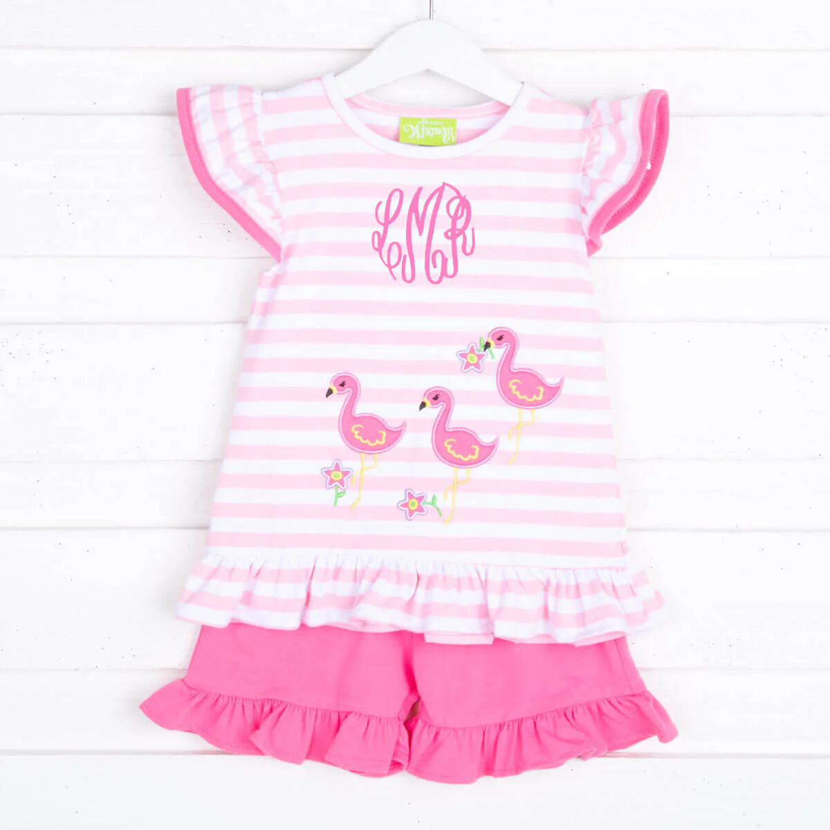 Flamingo Applique Pink Stripe Ruffle Short Set - Image 3