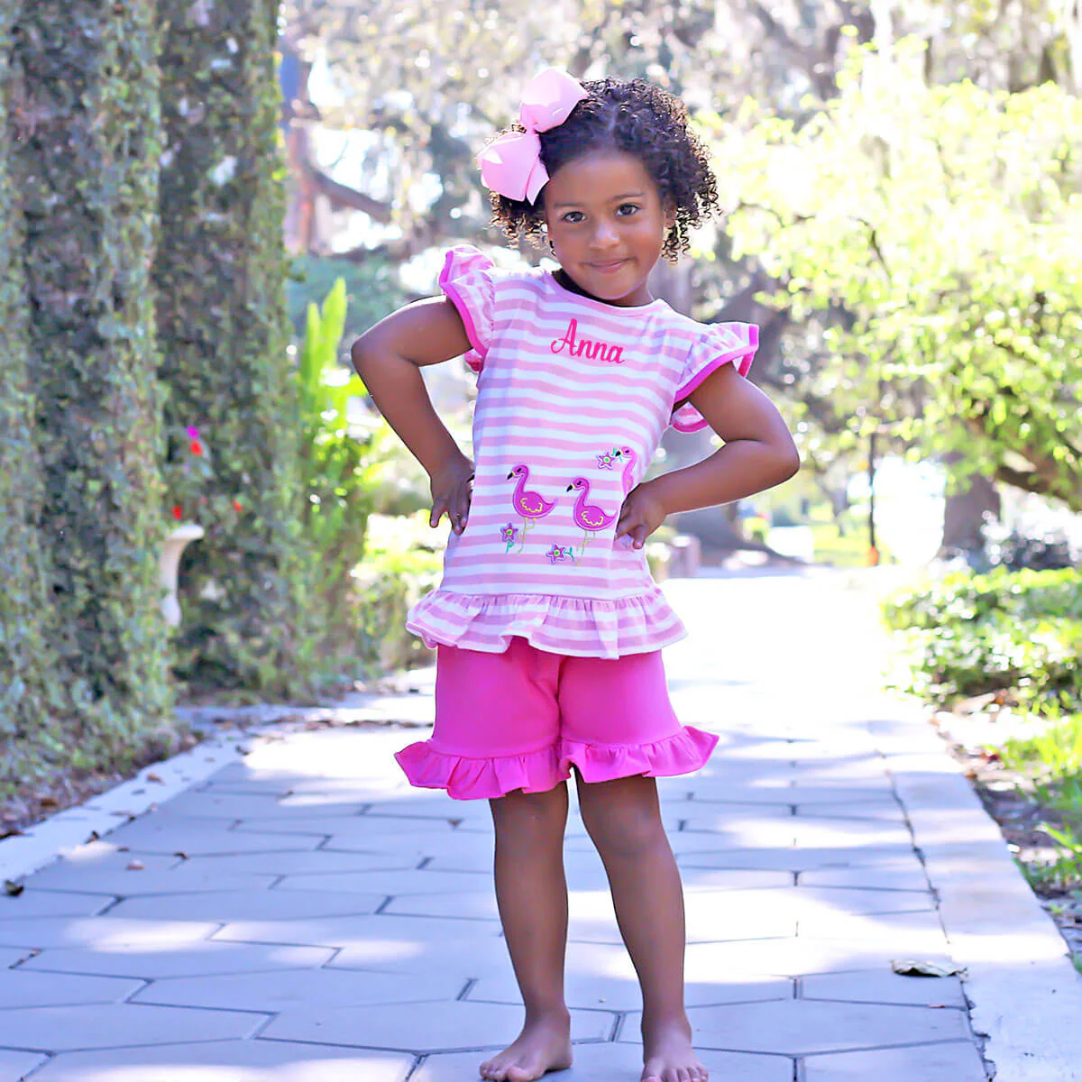 Flamingo Applique Pink Stripe Ruffle Short Set - Image 4