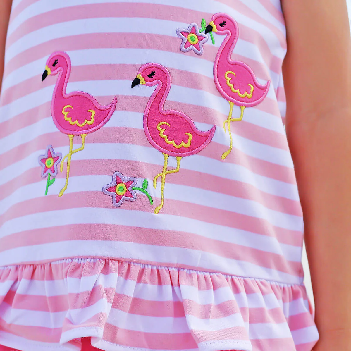 Flamingo Applique Pink Stripe Ruffle Short Set - Image 5