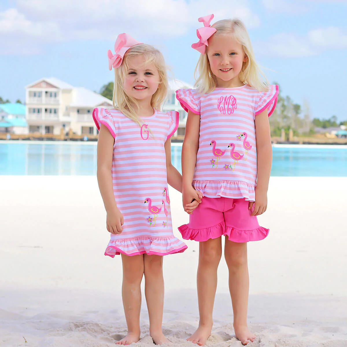 Flamingo Applique Pink Stripe Ruffle Short Set - Image 7