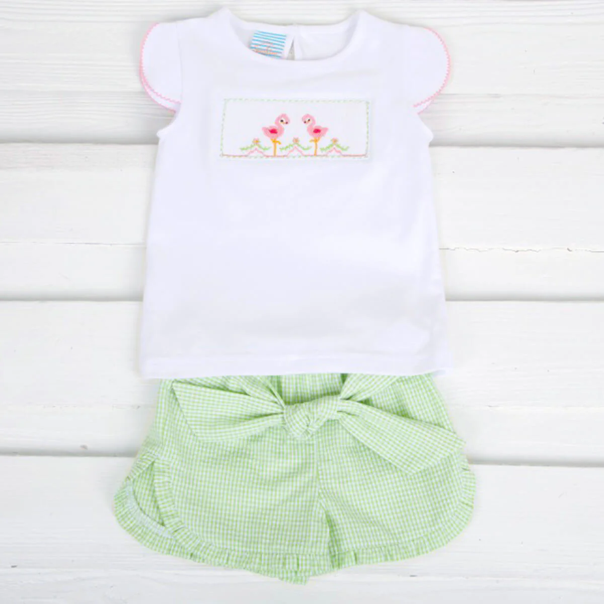 Flamingo Smocked Short Set Lime Green Seersucker - Image 2