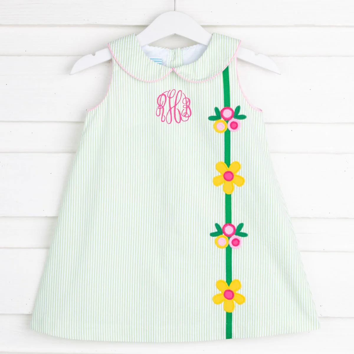 Floral Applique Sally Dress Light Green Stripe