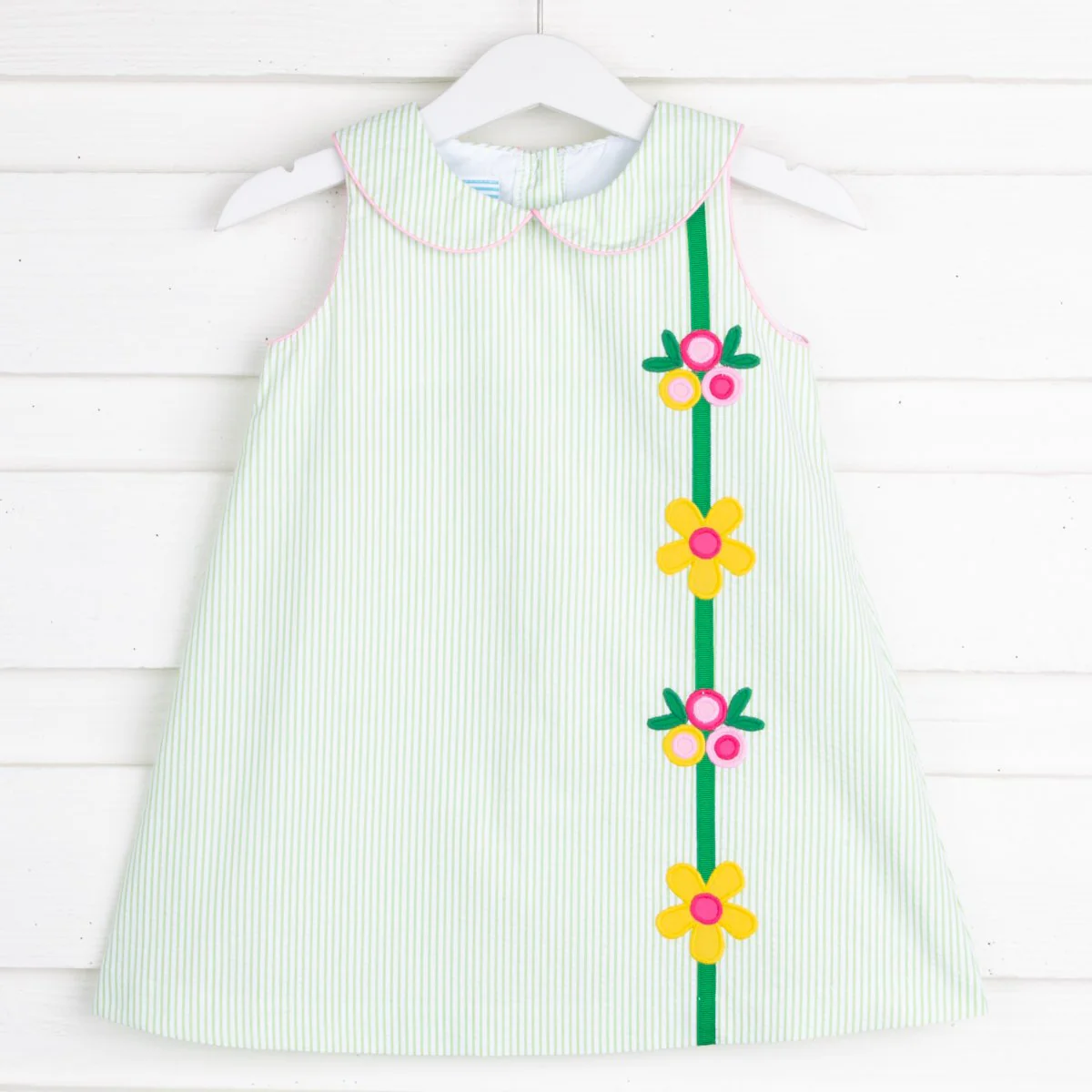 Floral Applique Sally Dress Light Green Stripe - Image 2