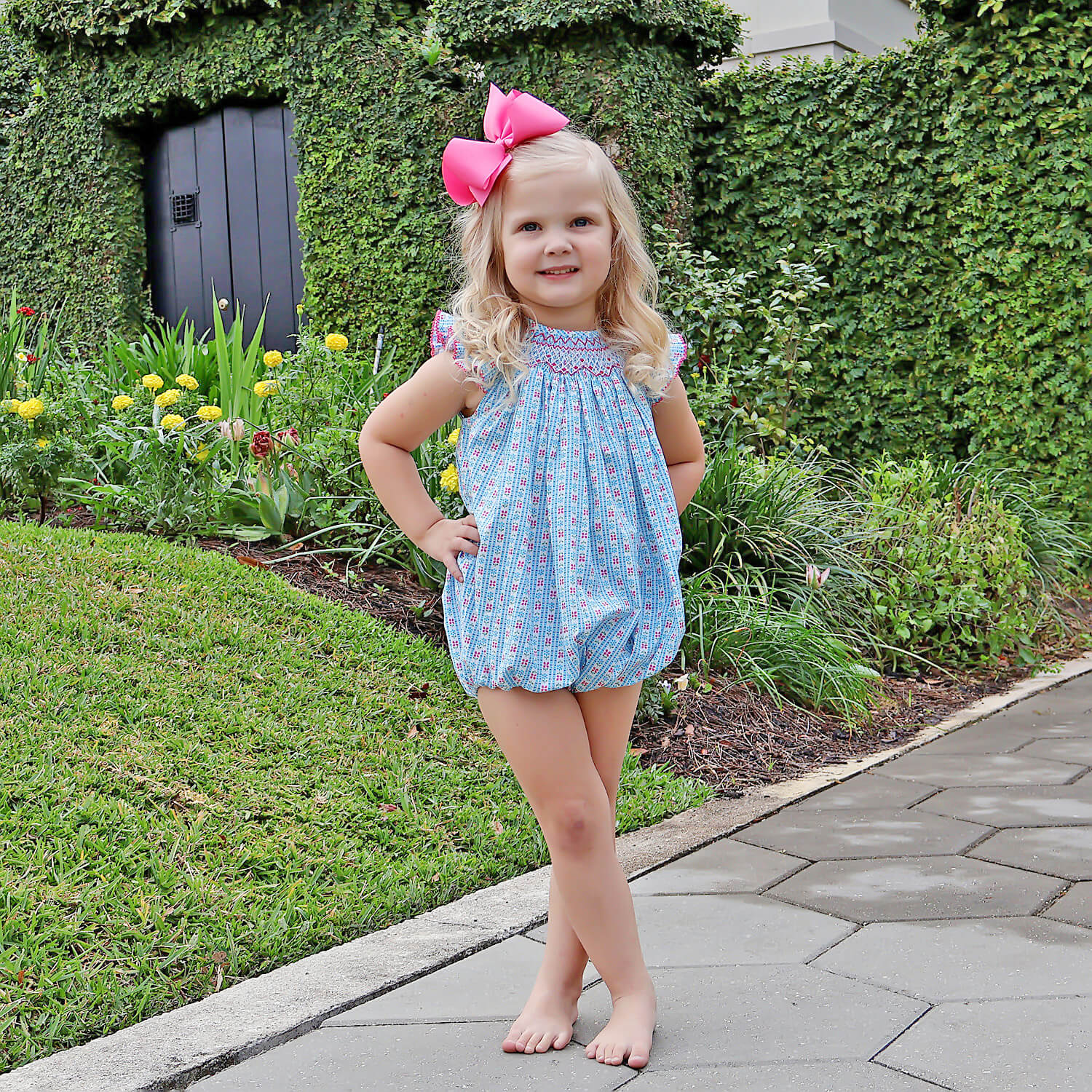 Floral Turquoise Smocked Angel Sleeve Bubble - Image 2