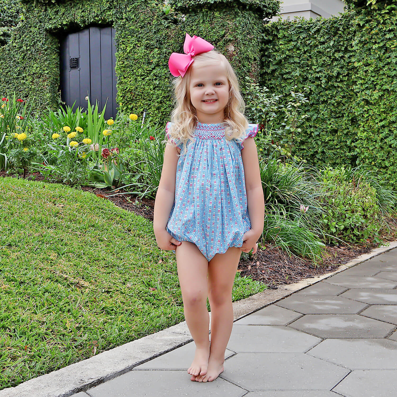 Floral Turquoise Smocked Angel Sleeve Bubble - Image 4
