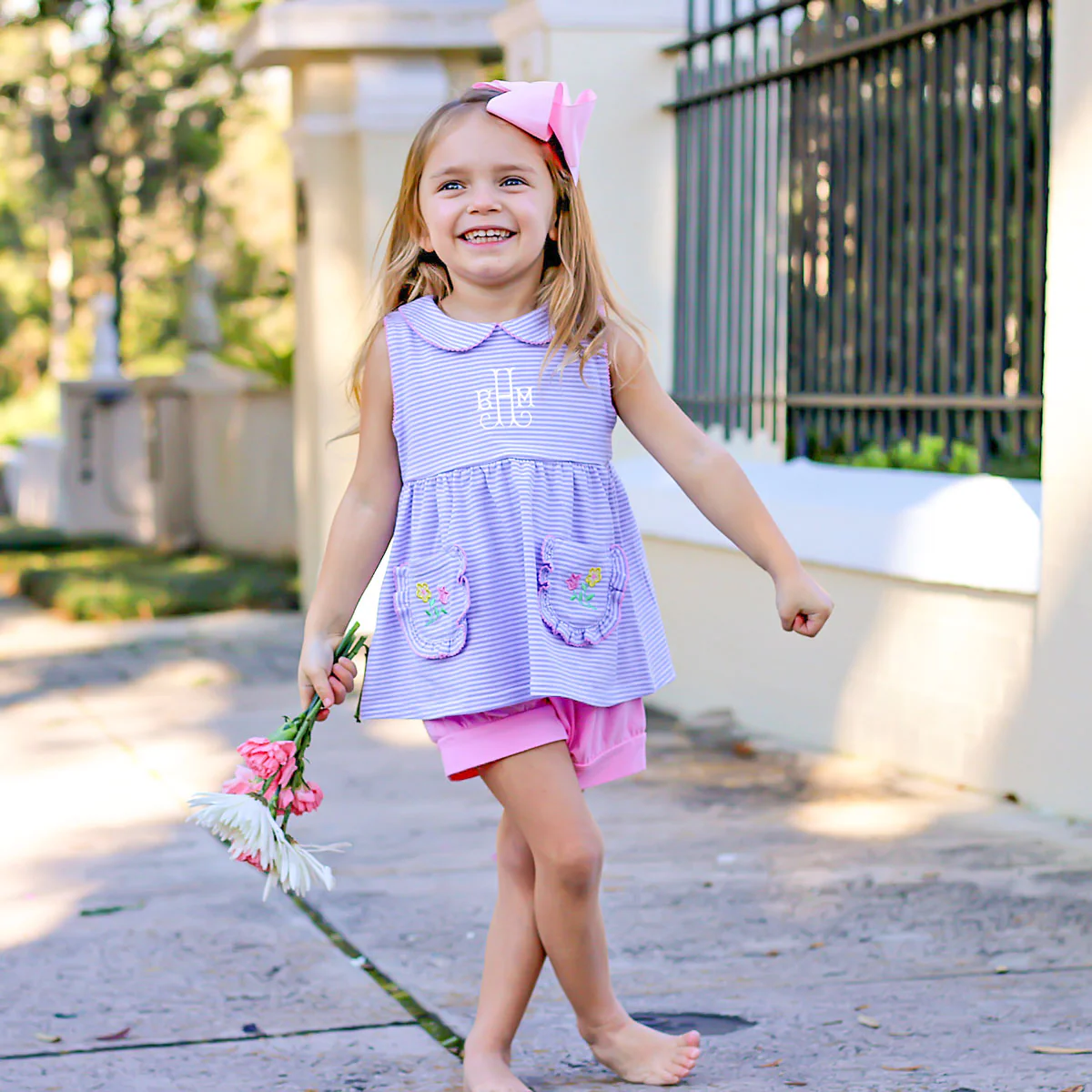 Flower Applique Purple Stripe Caroline Short Set - Image 4