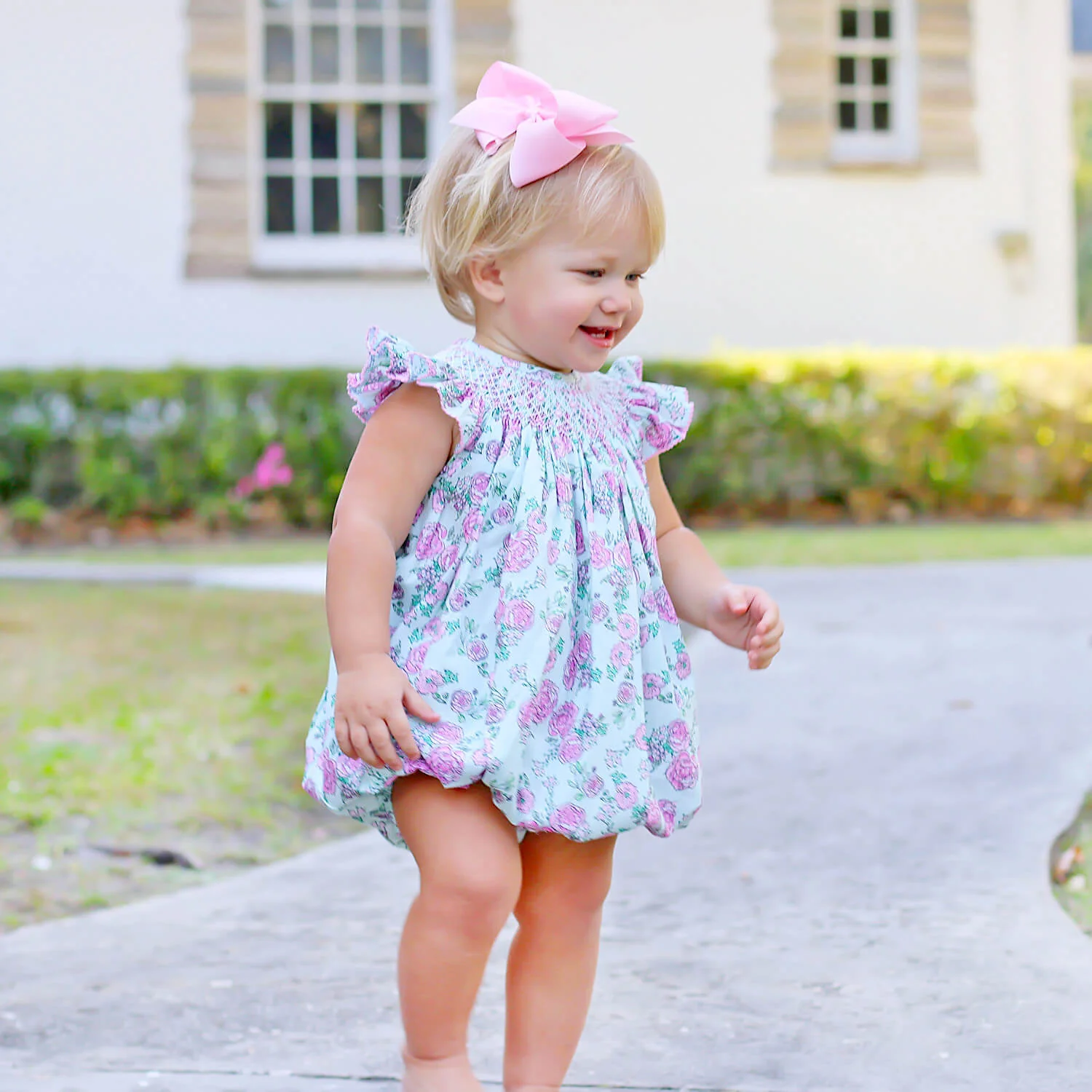 Flower Child Pink Smocked Angel Sleeve Bubble - Image 3