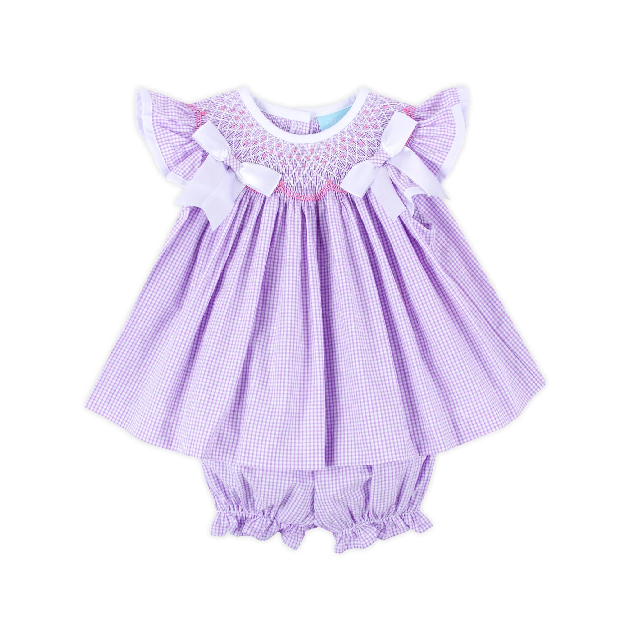 French Lavender Gingham Smocked Bow Bloomer Set - Image 2